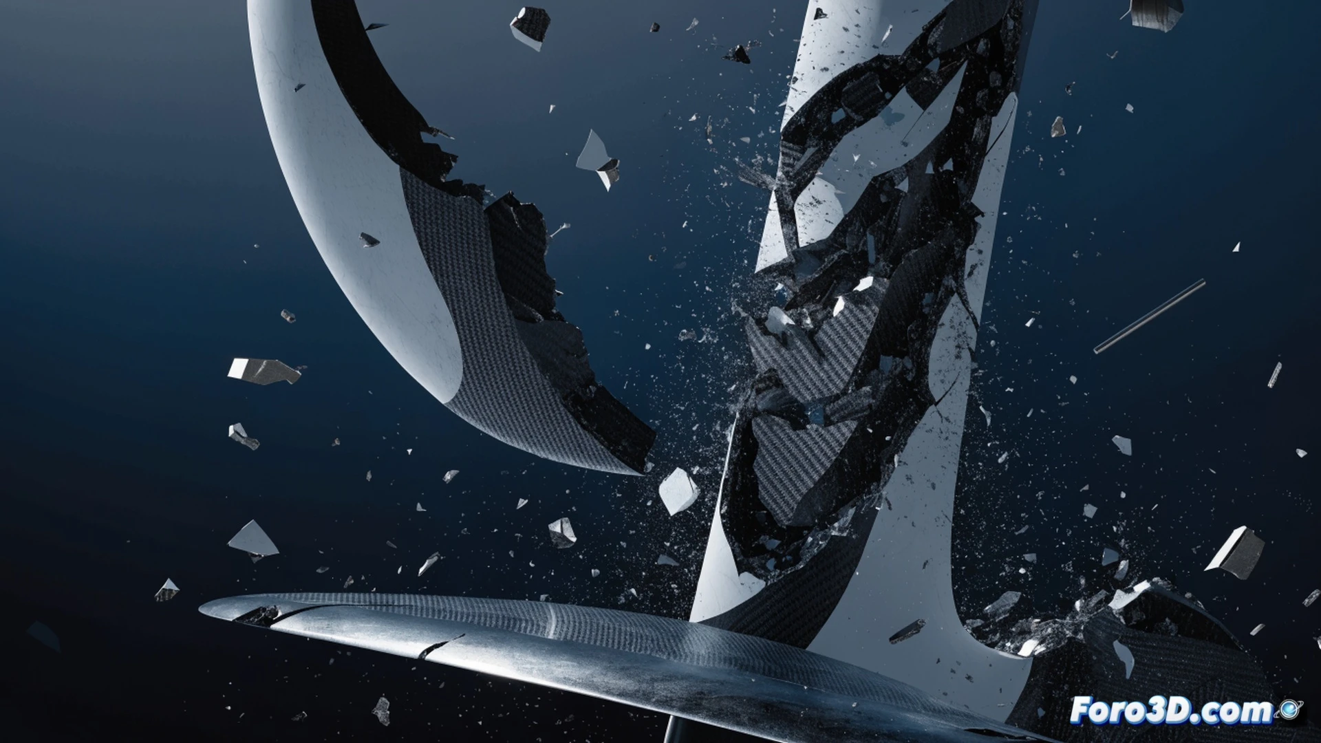 Close-up cinematic engineering visualization of a fractured electric hydrofoil mast made of carbon composite, jagged break point showing exposed fibers and delamination layers, a submerged concrete debris piece lodged at the fracture site, water turbulence and splashing around the damaged foil during impact, digital analysis tools overlaying the scene with glowing stress lines and crack propagation paths on a transparent holographic screen, dark blue water surface above, technical illustration style, ultra-detailed composite material texture, dramatic underwater lighting with caustics, photorealistic render