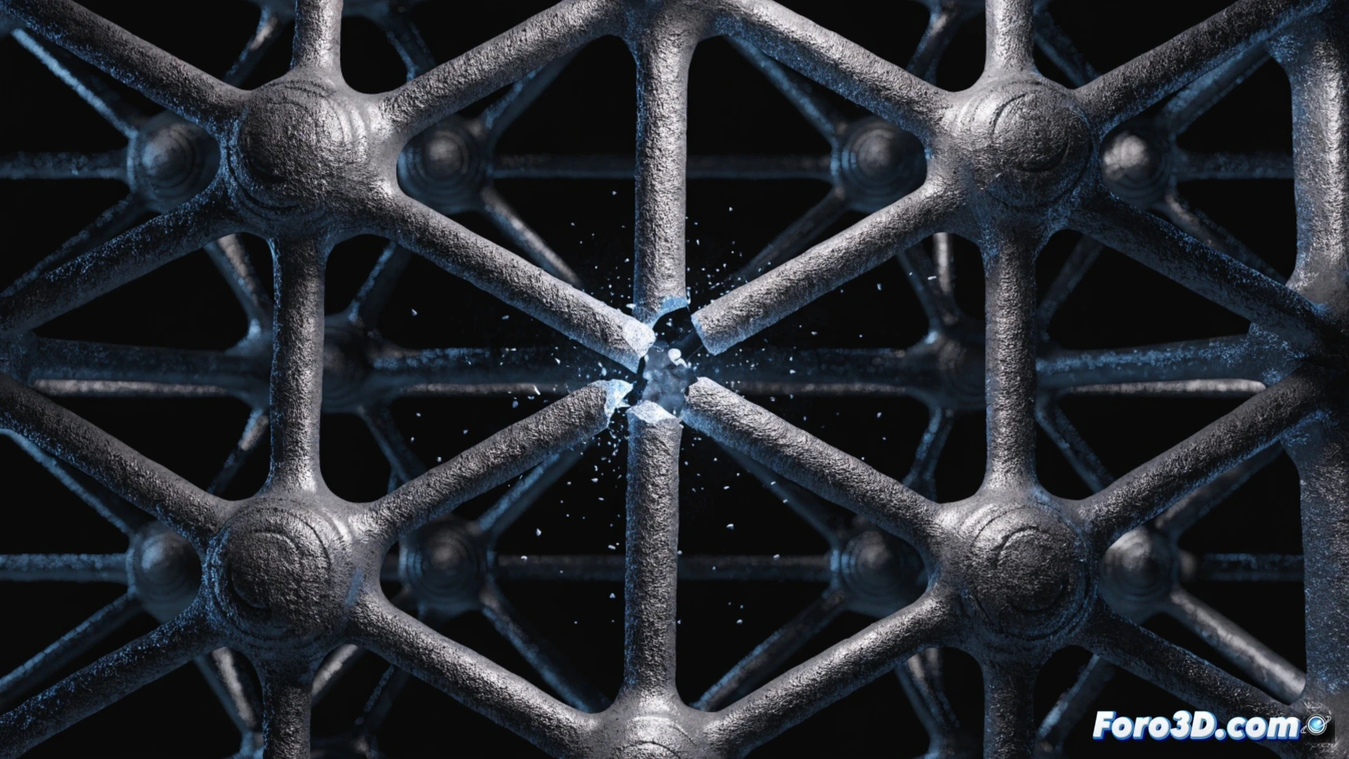 Simulación 3D de fractura en metamaterial mostrando grieta propagándose en red microestructural de vigas y nodos
