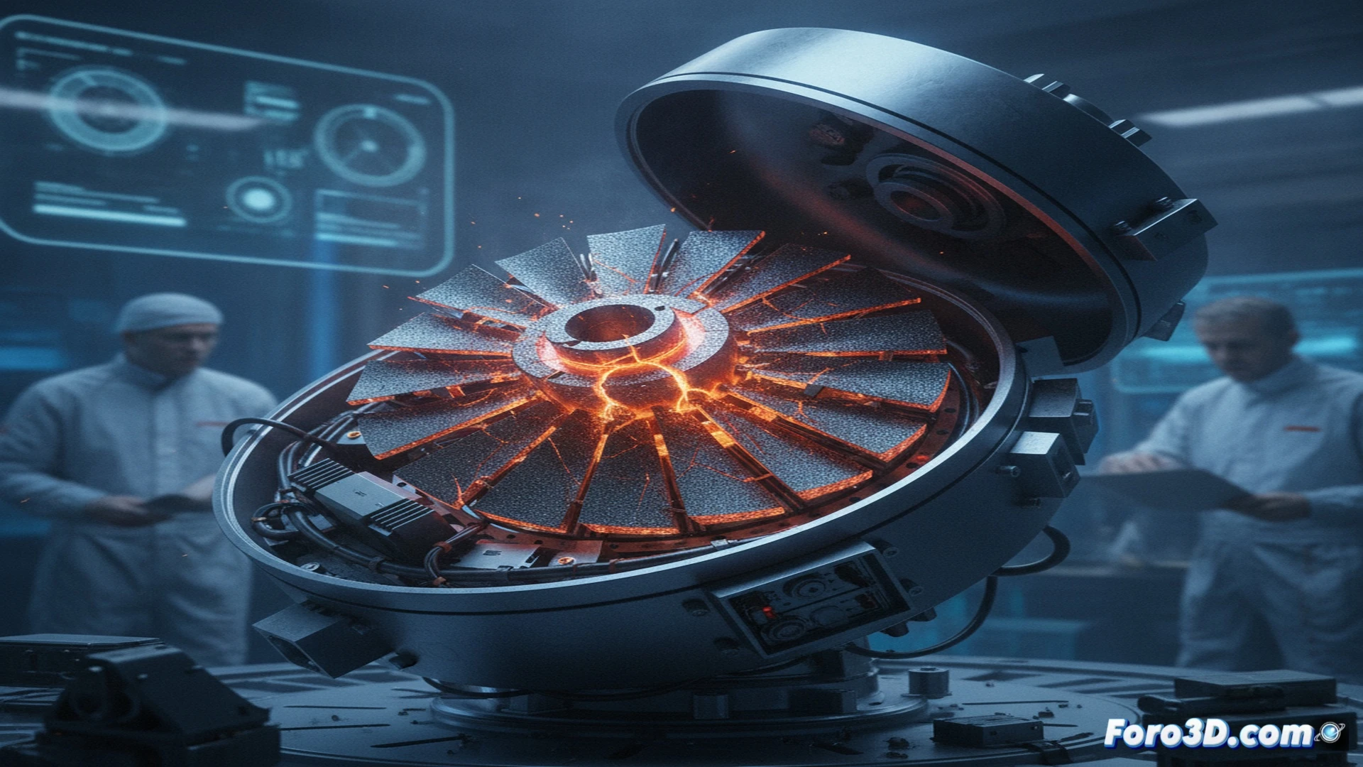 A micro-turbine rotor blade mid-fracture during a load test, a glowing red crack propagating across a precision-machined alloy blade while adjacent blades show visible stress lines and micro-cracks, shrapnel particles ejected into the air, a high-speed camera rig and oscilloscope in the background displaying real-time vibration spikes, metallic debris scattered on the test bench, dramatic side lighting emphasizing the fracture surface and crystalline grain structure, photorealistic engineering visualization, ultra-detailed macro shot of the failure zone, cinematic industrial atmosphere