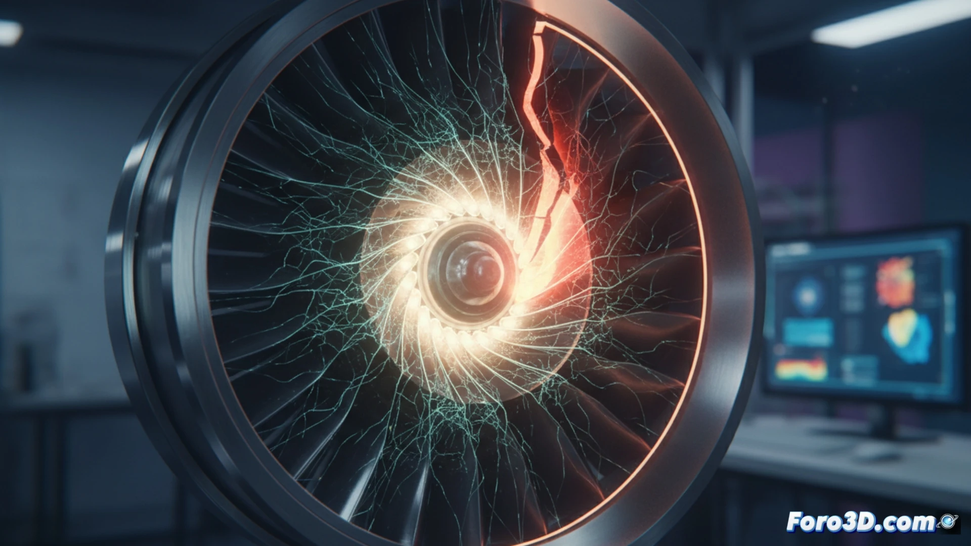 Simulación 3D de fatiga en micro-turbina mostrando grieta y puntos de concentración de esfuerzo en el material