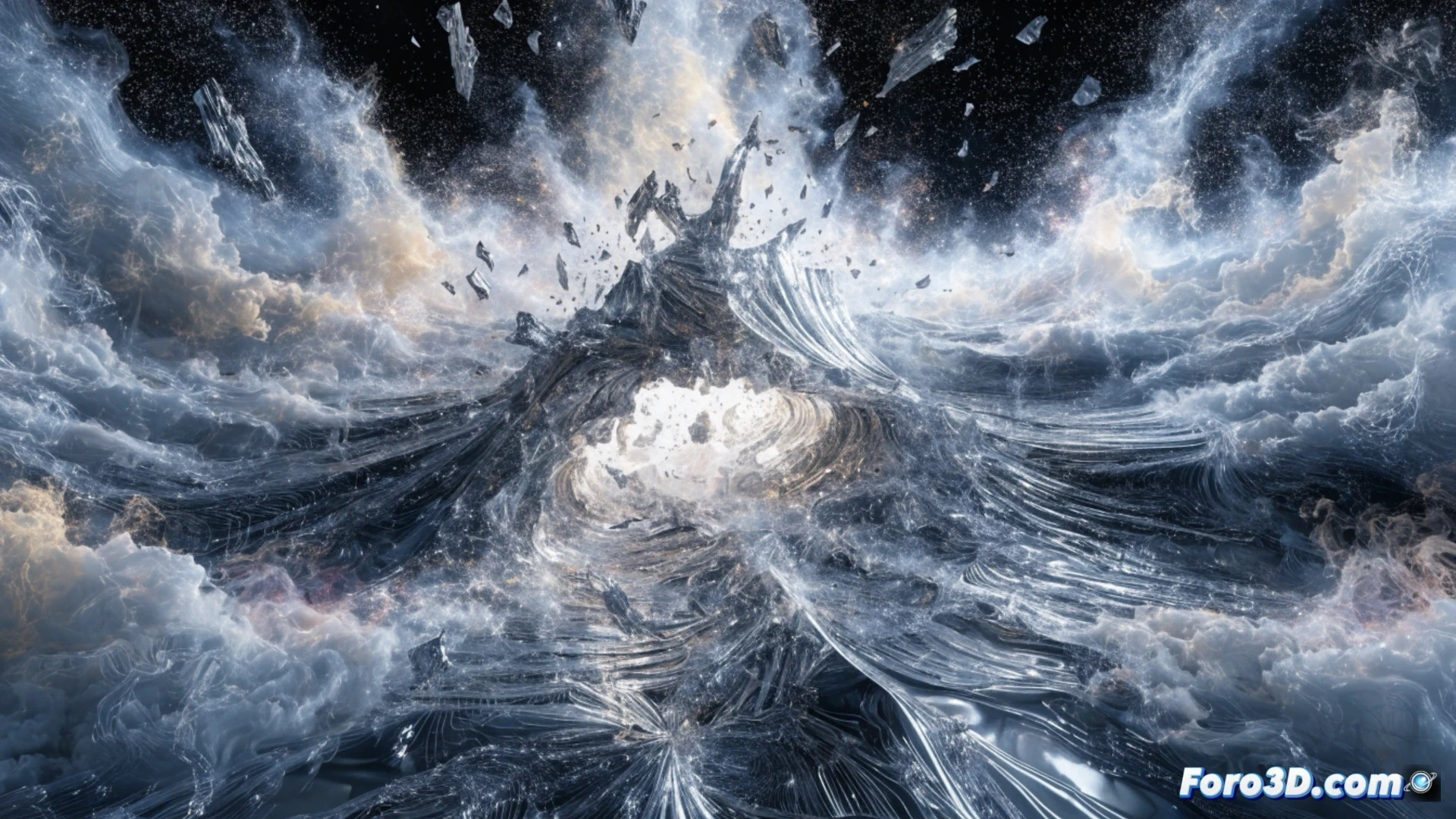 Visualización 3D de fractura de onda espacial con malla espacio-temporal distorsionada y grietas en geometría cósmica