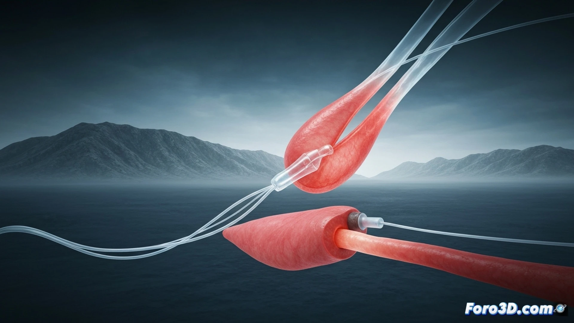 endoscopic view inside a human trachea showing a fractured metallic stent with visible crack lines and broken struts, chronic inflammation and granulation tissue around the damaged mesh, bronchoscope instrument approaching the stent during extraction procedure, realistic medical illustration style, clinical lighting with cool blue tones, detailed mucosal texture, slight motion blur on the grasping forceps, photorealistic surgical visualization, high anatomical precision, dramatic depth of field focusing on the fracture site