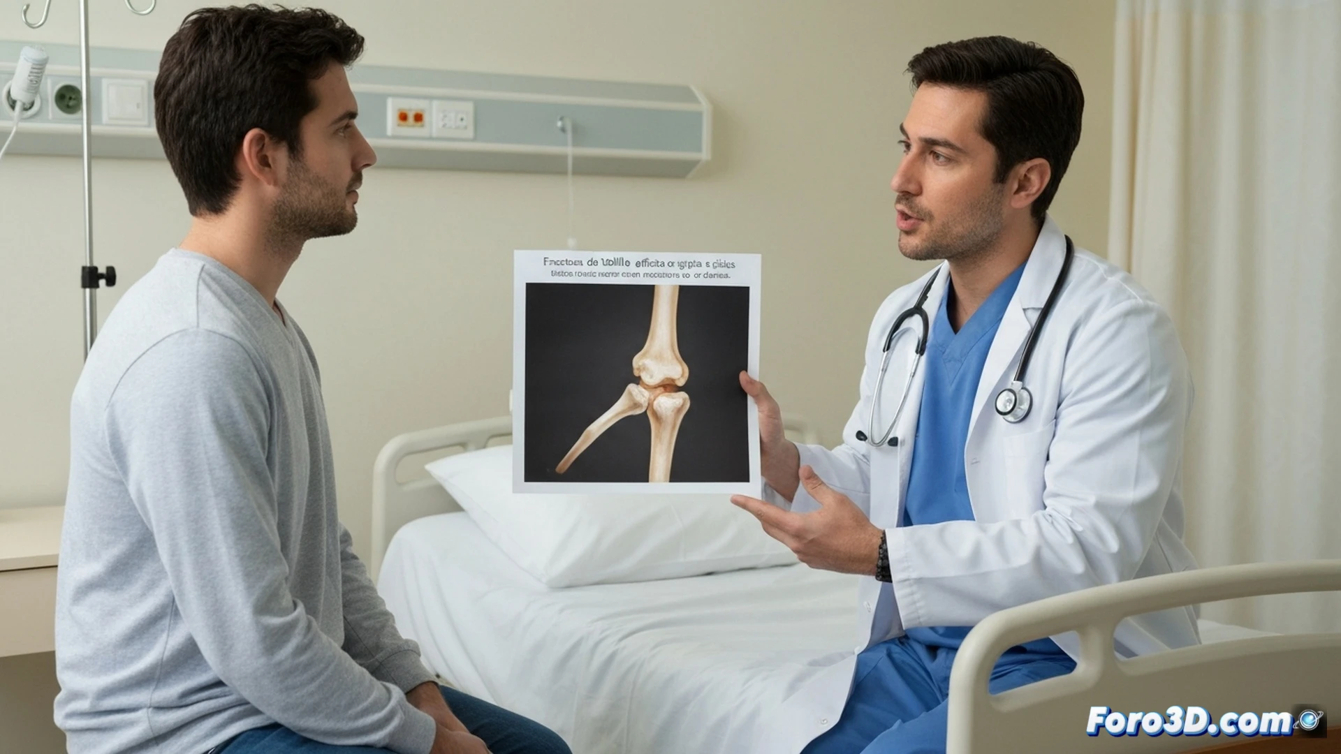 Realistic medical illustration showing an ankle fracture mechanism, lateral view of human foot and lower leg, tibia and fibula bones with visible crack lines during sudden twisting motion, ligaments stretching and tearing around the joint, dynamic action pose with foot rotated outward, clinical anatomical accuracy, soft tissue semi-transparent to reveal bone structure, cold blue operating room lighting, detailed bone texture and joint surfaces, photorealistic technical visualization, educational surgical reference style, subtle motion blur on soft tissues while bones remain sharp