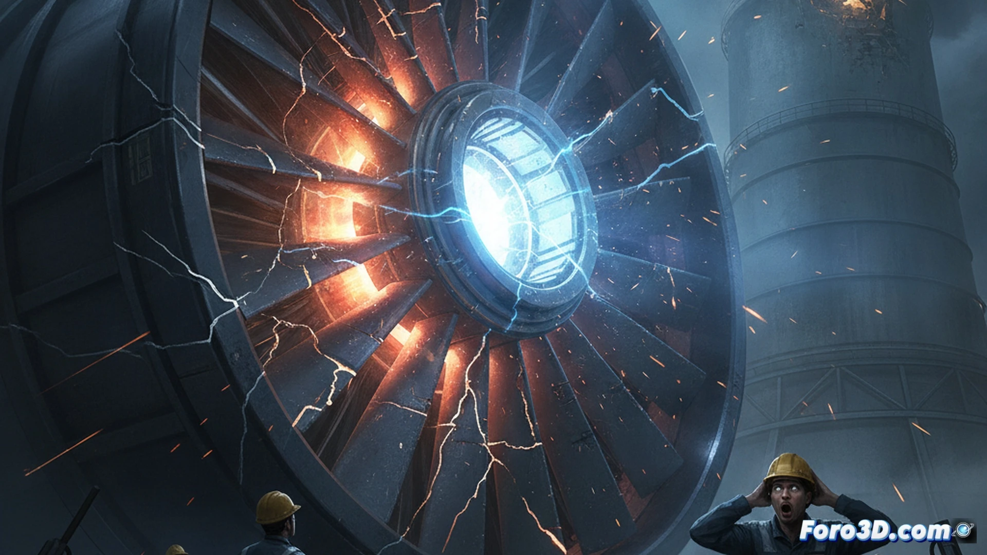 cinematic engineering visualization of a silent wind turbine blade fracturing mid-rotation, visible hairline cracks spreading across the composite surface, metallic debris particles flying off during failure, internal structural damage exposed through a broken section, a maintenance drone hovering nearby inspecting the crack with a laser scanner, bright sparks from internal friction, dark industrial sky, motion blur on rotating hub, ultra-detailed carbon fiber texture, photorealistic technical render, dramatic low-angle lighting