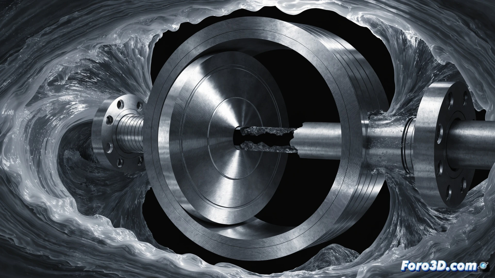 industrial valve cross-section visualization, butterfly valve shaft fractured at 45-degree angle due to hydrodynamic torsion, internal fluid flow arrows showing turbulent water pressure twisting the shaft, broken metal surfaces with rough crystalline texture, Ansys Workbench stress contour overlay in red-orange gradient on shaft and disc, ContextCapture 3D mesh model visible as semi-transparent wireframe around valve body, dark plant environment with pipeline flanges and bolted connections, dramatic side lighting highlighting fracture zone and stress concentration, photorealistic engineering render with metallic reflections and fluid particle traces