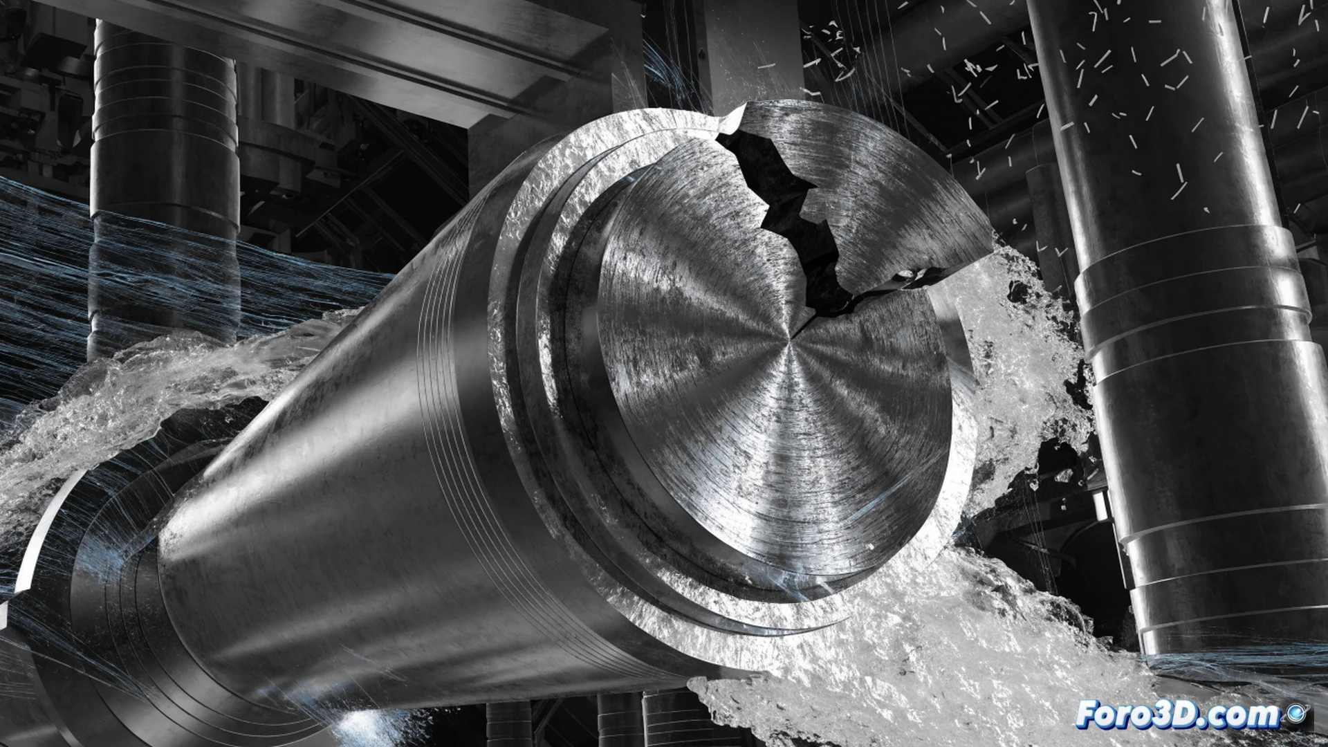 cross-section of a conical valve assembly in a hydroelectric plant, the obturator disc fractured with jagged fatigue cracks radiating from the hub, reverse-flow water jets striking the broken surface, dynamic stress contours visualized as glowing red and orange heat maps on the metal, ContextCapture 3D point cloud data displayed on a monitor beside the valve, Ansys Workbench simulation interface showing vibration mode shapes, engineering visualization style, photorealistic metallic textures, dramatic side lighting, intense blue water highlights, cinematic technical illustration