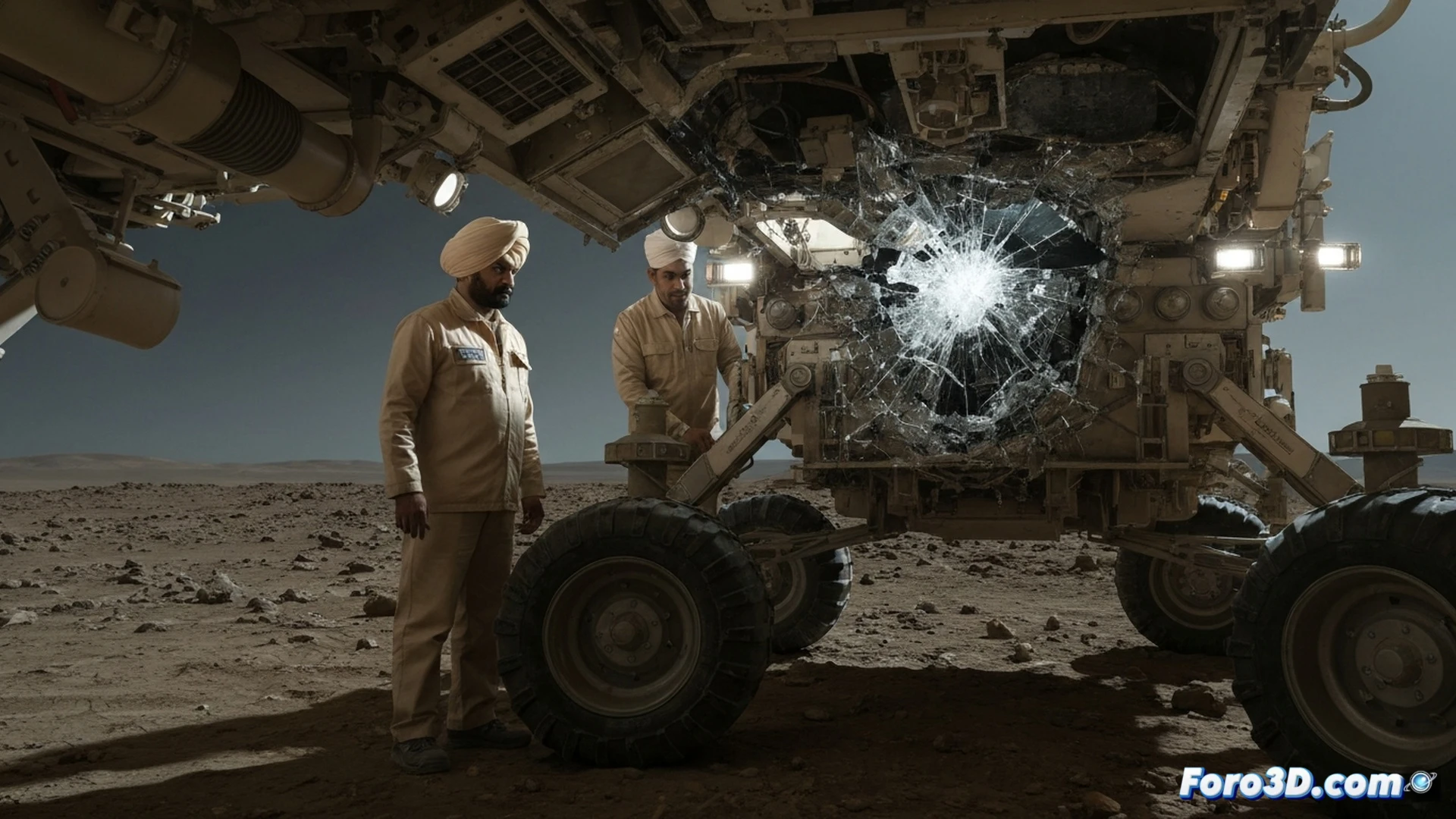 Martian rover parked on rocky red terrain, cracked methane analysis module exposed, robotic arm hovering over fractured spectrometer component, small gas particles visualized as glowing green wisps escaping from fissure, engineers displayed on holographic diagnostic screens inside rover cabin, red warning indicators flashing on control panel, dust particles suspended in thin atmosphere, cinematic photorealistic engineering visualization, dramatic low-angle lighting casting long shadows across metallic surface, ultra-detailed mechanical joints and thermal insulation layers, technical illustration style with precision hardware focus