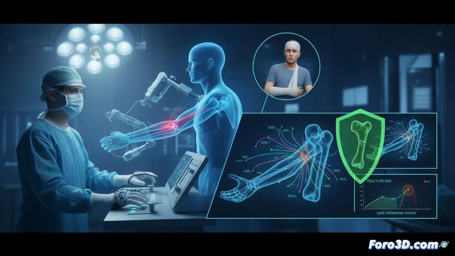 Modelo 3D de brazo humano con fractura simulada para telecirugía y prevención biomecánica