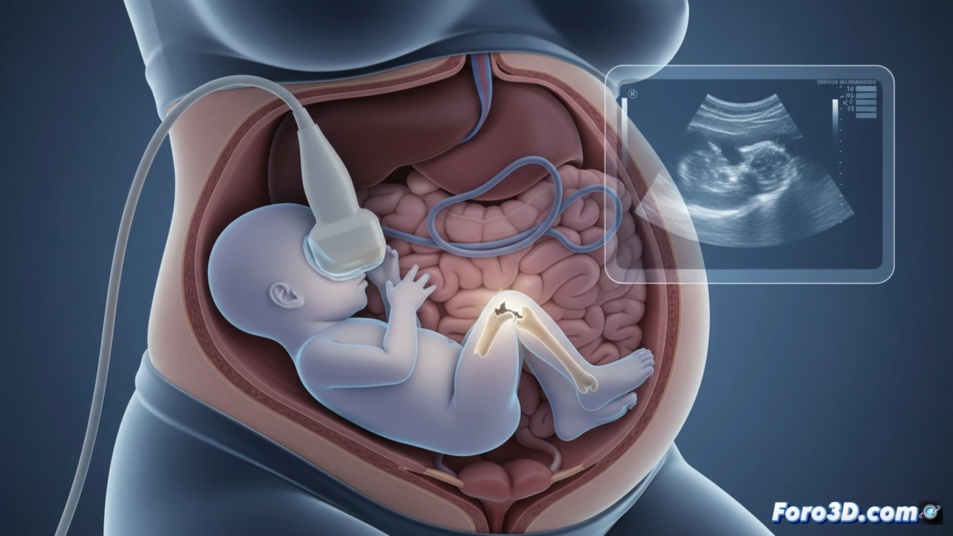 fetus in utero with fractured femur visible on ultrasound screen, obstetrician pointing at the break while scanning with a handheld probe, mother lying on examination bed, medical monitor showing real-time imaging, anatomical diagram of bone crack highlighted in glowing red, clinical room with dim lighting, photorealistic medical visualization, detailed fetal skeleton, ultrasound machine with control panel, sterile hospital environment, dramatic focus on the fracture site during diagnosis, technical illustration style