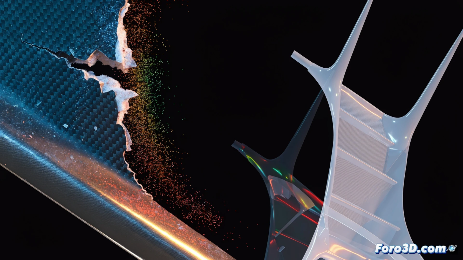 Photorealistic engineering visualization of a fractured carbon laminate stabilizer on a high-performance trimaran, delamination crack propagating through black carbon fiber layers, impact damage zone showing torn composite fibers, laser scanner emitting blue grid lines capturing point cloud data, side-by-side 3D model wireframe in SolidWorks with highlighted stress failure region, ocean spray droplets frozen mid-air, dramatic maritime lighting, ultra-detailed composite texture, cinematic technical illustration style