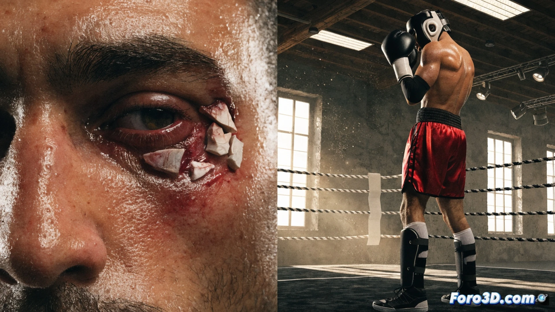boxer receiving a powerful punch to the eye socket, orbital bone fracture visualization with glowing red stress lines spreading across the skull, protective brain tissue shown beneath the bone, slow-motion impact moment, fighter collapsing backward, sweat droplets frozen in air, boxing glove compressing against the face, cinematic medical illustration style, dark arena background with dramatic spotlight, photorealistic anatomical detail, high-contrast lighting, hyper-realistic skin texture, technical cross-section view of the orbital rim cracking