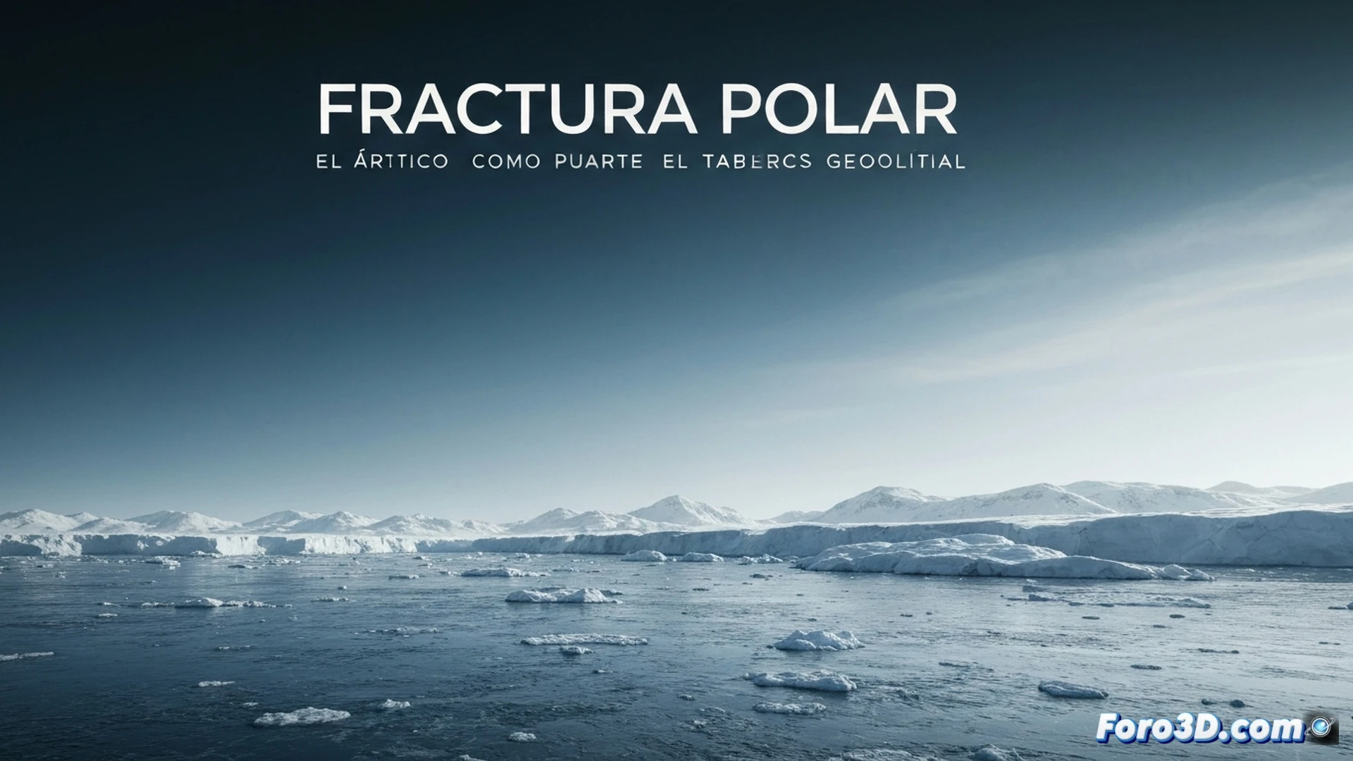 Fragmenting Arctic ice sheet cracking along geopolitical fault lines, Russian nuclear icebreaker forcing passage through narrow channel while US surveillance drone monitors from above, Canadian naval vessel stationed near disputed seabed, glowing resource deposits visible beneath translucent ice, continental map outlines fracturing like frozen glass, cinematic geopolitical visualization, cold blue-white lighting with tension-filled orange accents, massive ice shards drifting apart, military radar waves scanning horizon, photorealistic technical render with strategic diagram elements