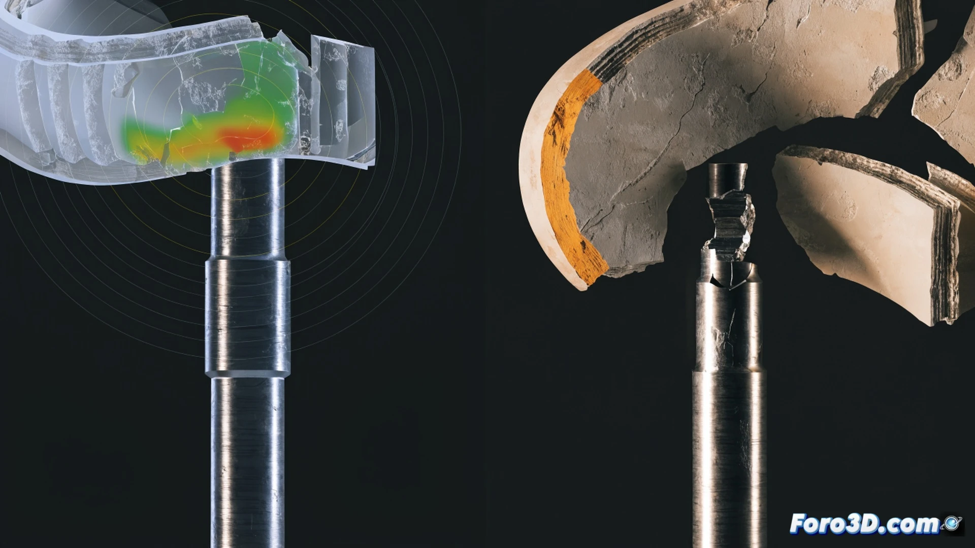 Photorealistic technical illustration showing a fractured radial head prosthesis with a misaligned fixation stem, severe wear marks on the implant surface, a 3D pipeline analysis workstation in the background displaying Materialise Mimics segmentation and Geomagic Control X dimensional comparison, metallic debris particles scattering during the failure event, cinematic industrial lighting highlighting the fractured cross-section, ultra-detailed mechanical texture on the titanium alloy, engineering visualization style, dramatic shadows emphasizing the millimeter-scale misalignment