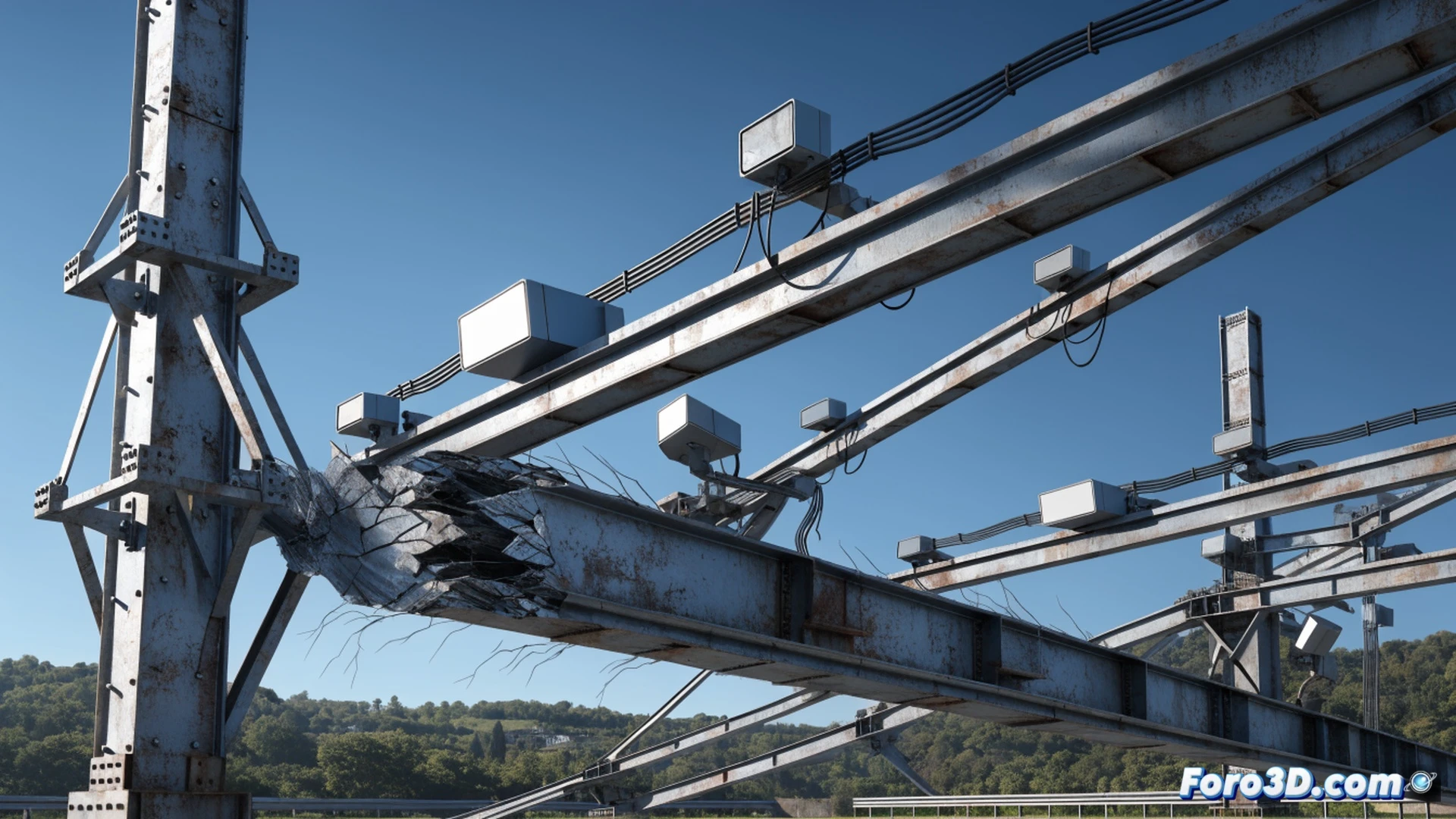 Steel toll gantry structure mid-collapse, welded joint fracturing under cyclic wind fatigue, visible crack propagation through the weld bead, dynamic vibration lines showing wind-induced oscillations, concrete foundation anchors straining, engineering visualization style, photorealistic metal surface with rust and stress marks, dramatic stormy sky background, motion blur on falling structural beams, detailed grain structure of fractured steel, cinematic industrial lighting, technical accuracy in failure mechanics