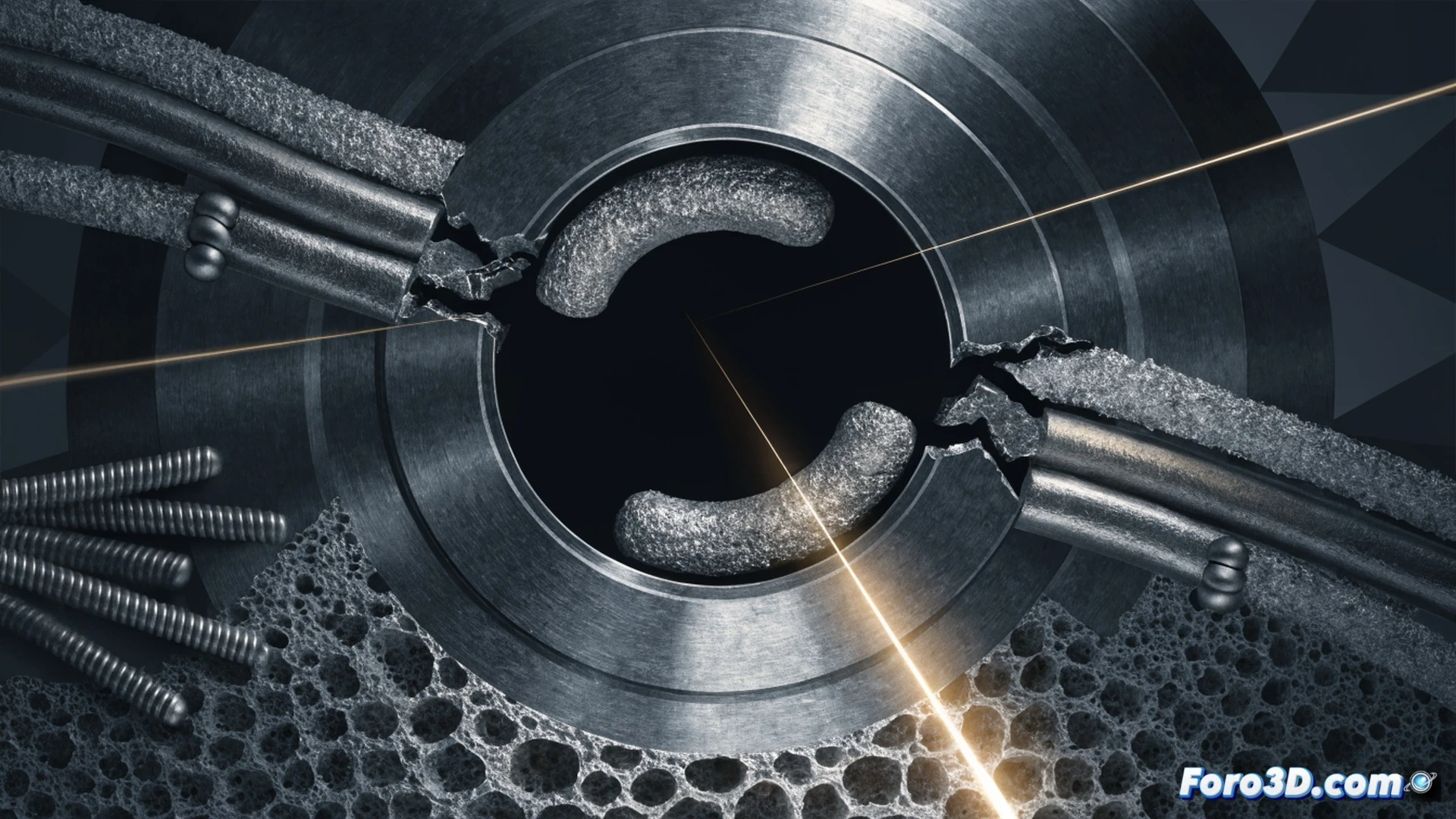 high-magnification technical illustration of a pacemaker electrode detachment failure, laser weld point fracturing under cyclic vibration stress, cross-section view showing crack propagation through the welded joint, Materialise Mimics 3D segmentation data overlaying the geometry, Ansys simulation heatmap displaying dynamic stress concentration in red-orange gradients around the fracture site, metallic titanium housing with visible fatigue striations, industrial engineering visualization style, harsh directional lighting emphasizing micro-cracks, ultra-detailed surface textures, photorealistic scientific render