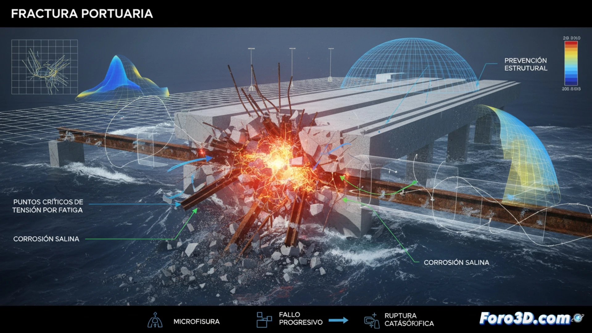 simulación 3D de fractura portuaria con grietas en pilares de hormigón y muelle colapsado bajo cielo tormentoso