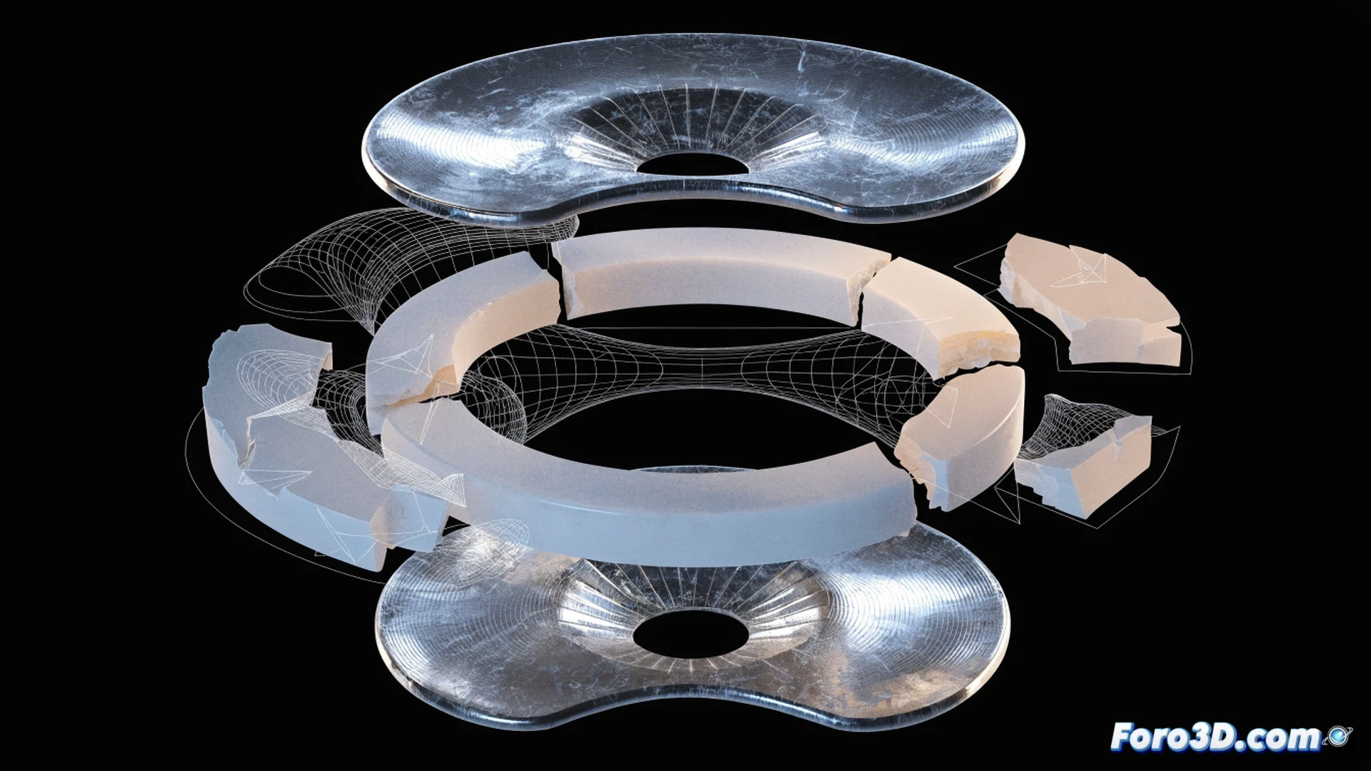Prótesis de disco cervical fracturada en primer plano, núcleo de poliuretano delaminado mostrando capas separadas por fricción y desgaste, superficie irregular con grietas visibles, modelo 3D siendo segmentado en pantalla de monitor con software Mimics, malla poligonal generándose en MeshLab durante proceso de limpieza, ingeniero ajustando parámetros con tableta gráfica, fondo de laboratorio con microscopio y herramientas biomecánicas, iluminación técnica fría, estilo photorealistic engineering visualization, ultra-detailed, render médico industrial
