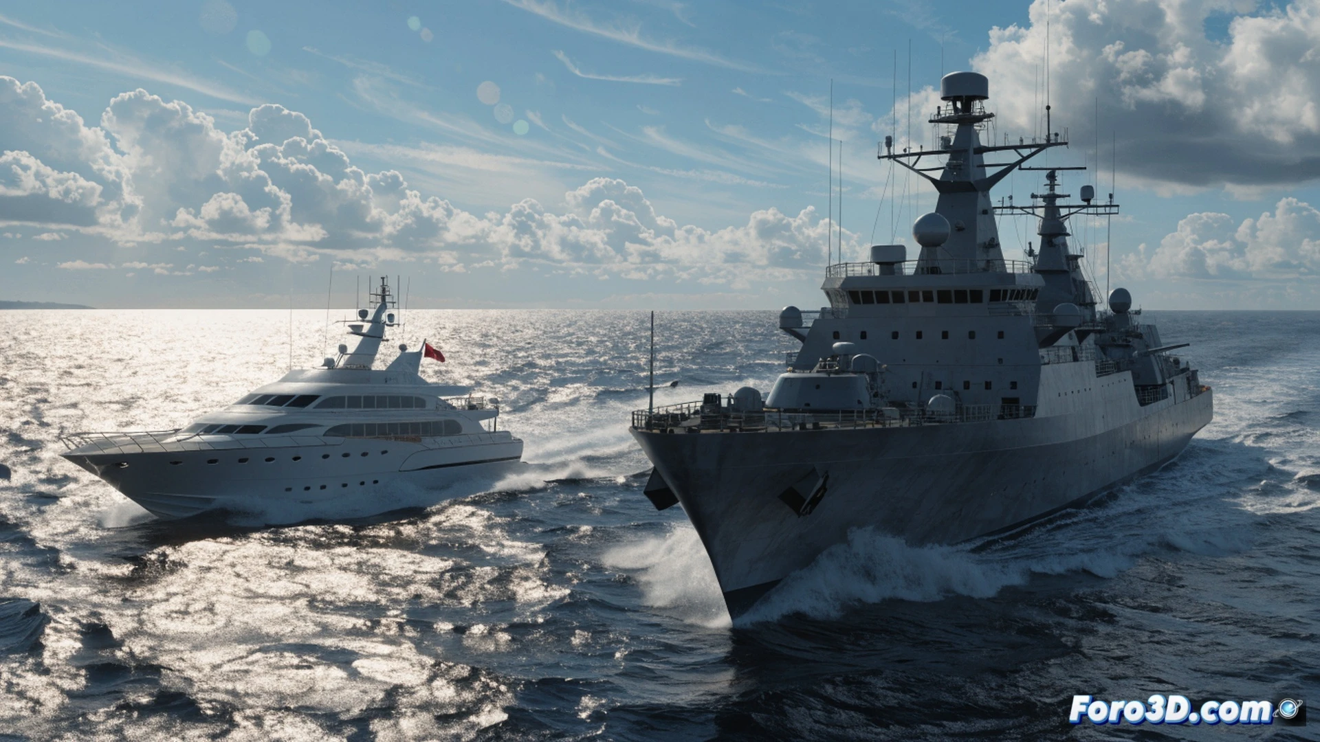 Naval frigate silhouette at twilight, warship deck crew in action aiming automatic cannon toward distant luxury yacht, muzzle flash visible, yacht fleeing at high speed creating white wake, radar screens glowing on bridge showing tracking data, military communication antennas rotating, churning grey sea, horizon line with cargo ship silhouette, tense maritime confrontation, cinematic photorealistic style, dramatic storm clouds, cold blue and orange lighting, ultra-detailed naval equipment, realistic ocean spray and metal reflections