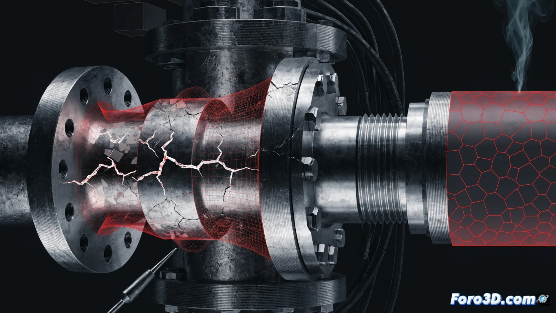 cross-section of a high-pressure hydrogen valve showing atomic hydrogen particles penetrating steel crystal lattice, microscopic cracks forming along grain boundaries during embrittlement process, glowing hydrogen atoms infiltrating metallic structure, SolidWorks CAD wireframe overlay on one side, Blender particle simulation trails showing fracture propagation path, realistic steel surface with stress marks and micro-fractures, cinematic engineering visualization, dramatic dark industrial lighting with blue hydrogen glow, photorealistic technical illustration, ultra-detailed metal texture and crystalline structure