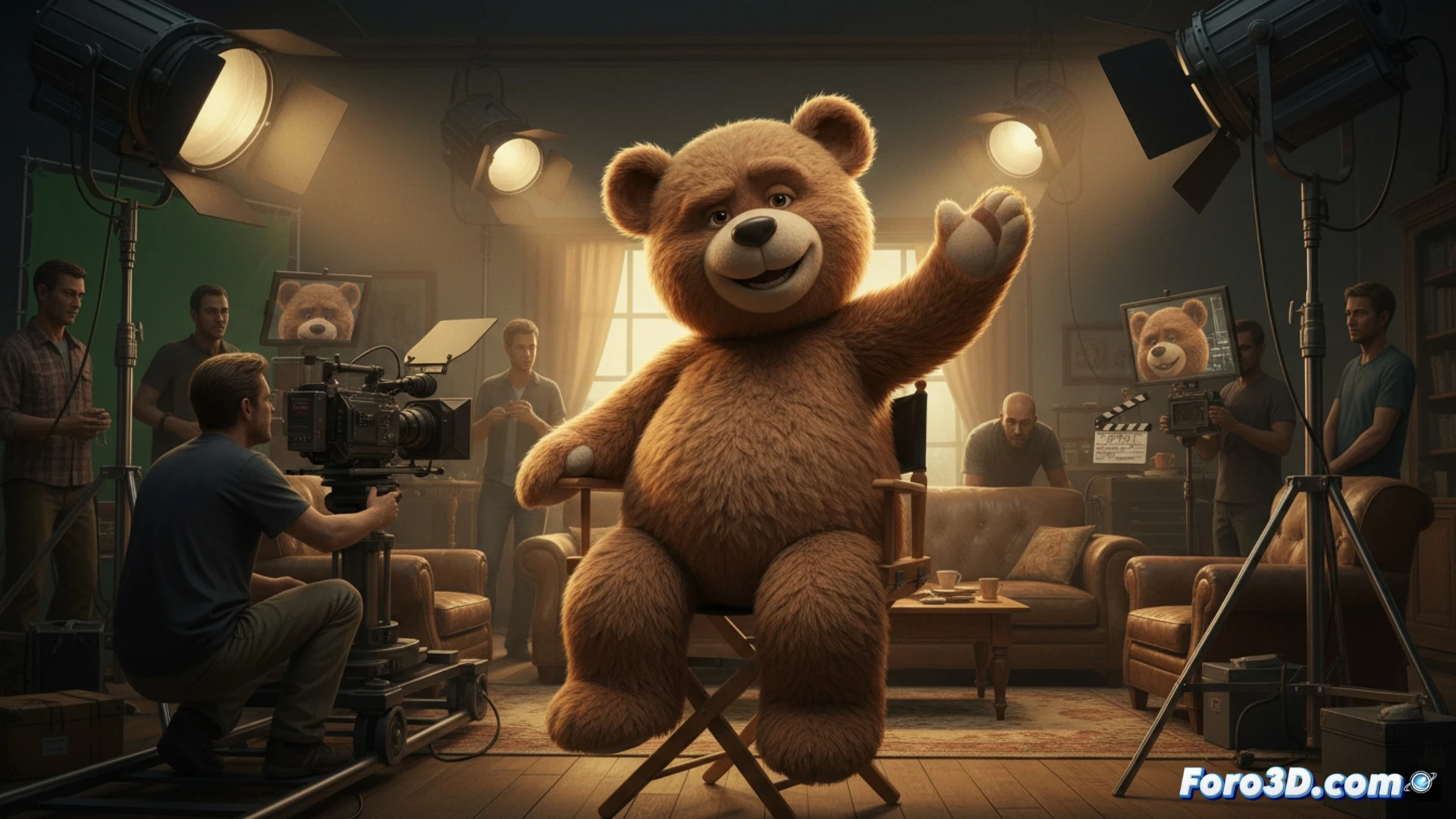 Framestore motion capture stage, technical crew operating camera rigs and facial tracking sensors, Ted the teddy bear puppet performing a comedic gesture while animated wireframe overlays map his fur texture and joint movements on monitors, cinematic photorealistic visualization, studio lighting with softboxes and green screen backdrop, real-time VFX rendering software interface visible on screens, detailed mechanical armature inside the puppet, dramatic contrast between practical set and digital augmentation, ultra-detailed fur simulation, engineering visualization style
