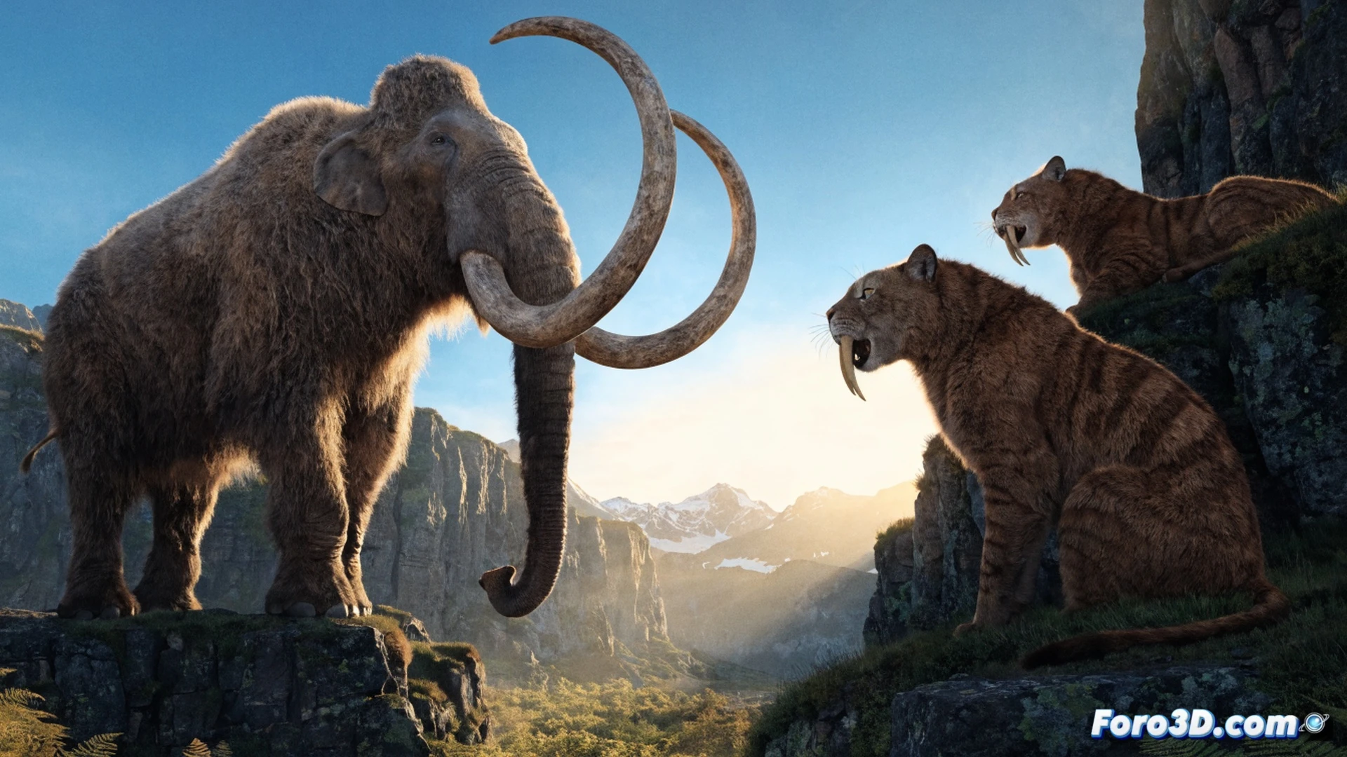 Framestore artistas digitales trabajando en estaciones de trabajo con pantallas duales, simulando pelaje de mamut lanudo y tigre dientes de sable en un paisaje helado, mostrando herramientas de software de animación abiertas, mientras grillas de simulación de pelo y texturas se superponen sobre modelos 3D, proceso de renderizado en tiempo real, escena de estudio técnico, iluminación azul fría de monitores, cables y teclados visibles, estilo cinematográfico fotorrealista, detalle meticuloso en cada capa de piel y entorno.
