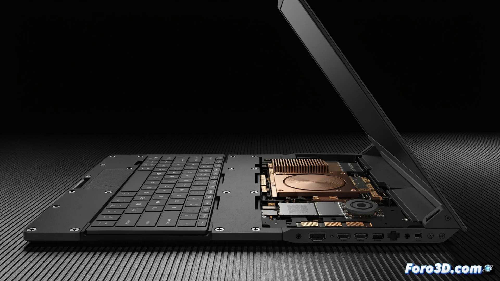 Technical illustration of a Framework Laptop 16 partially disassembled on a wooden workbench, user swapping a modular GPU expansion bay module using a precision screwdriver, exposed mainboard showing replaceable RAM slots, thermal paste residue on a detached cooling fan, battery connector unplugged, magnetic tool tray with screws and spare keyboard module, cinematic engineering visualization, warm workshop lighting, macro lens focus on modular connectors, photorealistic technical render, carbon fiber chassis texture, copper heat pipes visible, action of upgrading components demonstrated mid-process