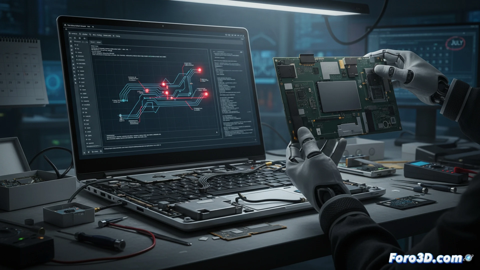 Framework 13 Pro laptop disassembled on an anti-static mat, technician inspecting a detached touchpad and screen ribbon cables with a digital multimeter and magnifying lamp, circuit board with highlighted signal traces showing layout adjustments, software update tool displaying a firmware patch progress bar on a monitor in the background, actions demonstrating component testing and reprogramming, photorealistic engineering visualization, cool blue ambient lighting, metallic chassis, precision tools arranged, clean tech-lab environment, detailed macro view of connectors and sensors