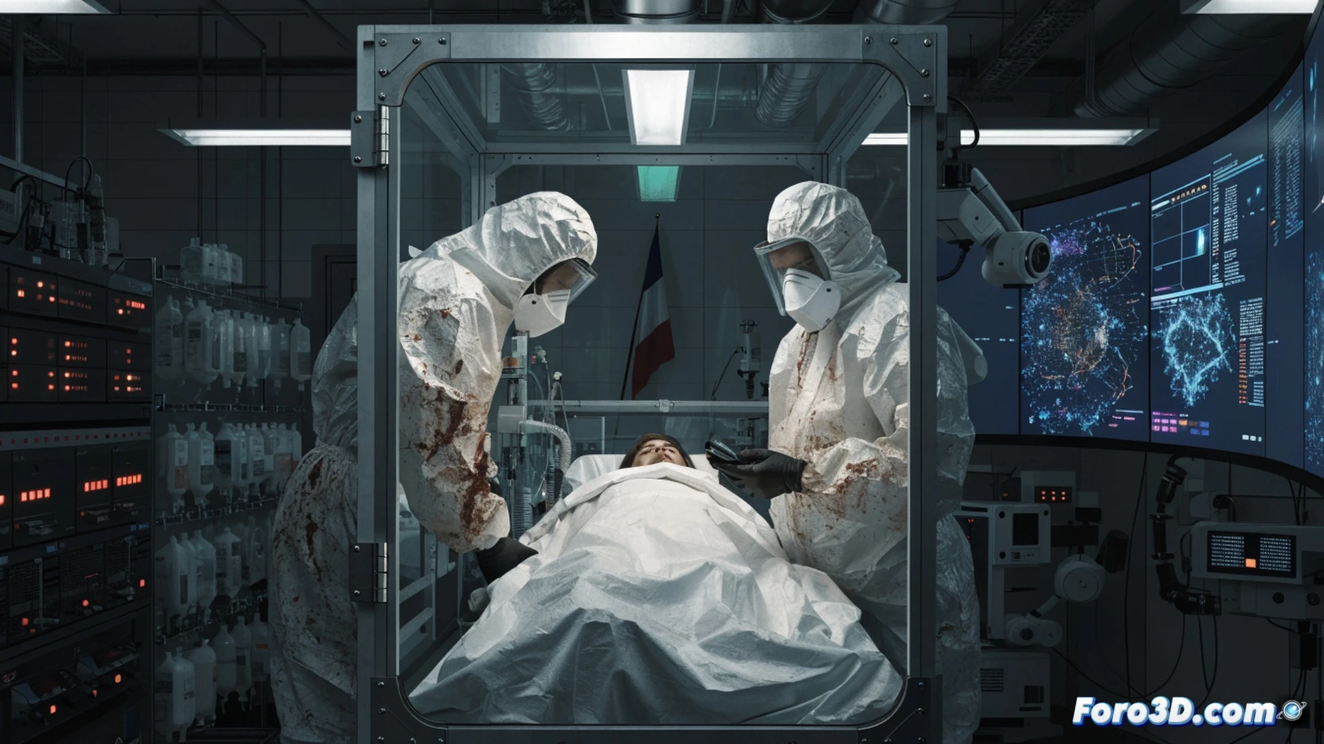 biosecurity chamber decontamination process in a French medical facility, medical staff in hazmat suits using UV sterilization equipment on a sealed isolation pod, biomedical waste containers with yellow biohazard symbols nearby, digital contact tracing dashboard displayed on a wall screen showing 21-day quarantine timeline, cold blue emergency lighting, sterile white clinical environment, photorealistic technical illustration, ultra-detailed medical hardware, dramatic shadows emphasizing containment protocols, cinematic documentary style