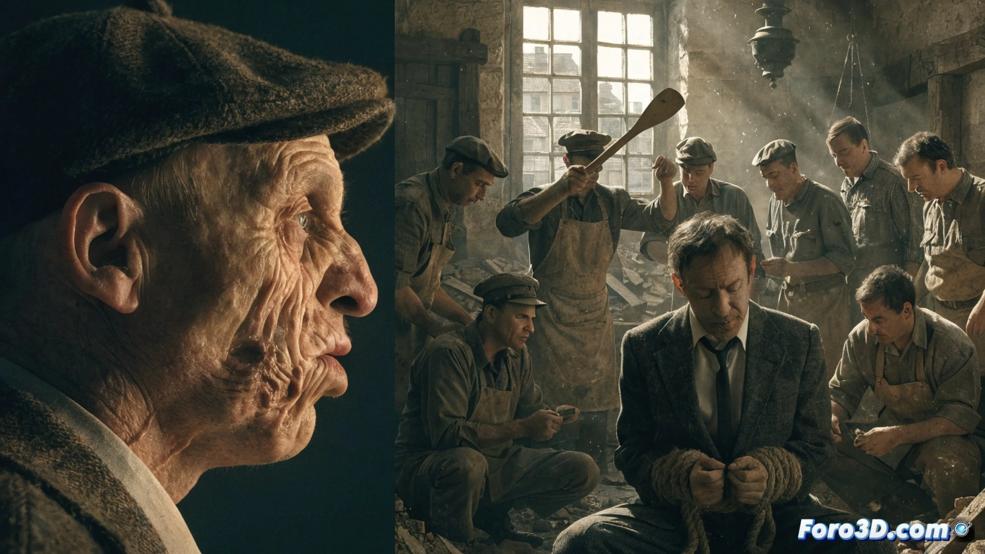 dark basement interrogation room in occupied Lyon, a man with a twisted facial expression known as Twisted Face stands over a bound historian, his hand gripping a rusted iron crank connected to a table vise mechanism, bloodstained metal tools scattered on a wooden workbench, a single bare bulb casting harsh shadows on stone walls, the victim's glasses shattered on the floor, cinematic historical reconstruction, ultra-detailed period clothing, texture of frayed rope and cracked leather, cold desaturated color palette with warm lamp light, photorealistic technical render, dramatic chiaroscuro lighting