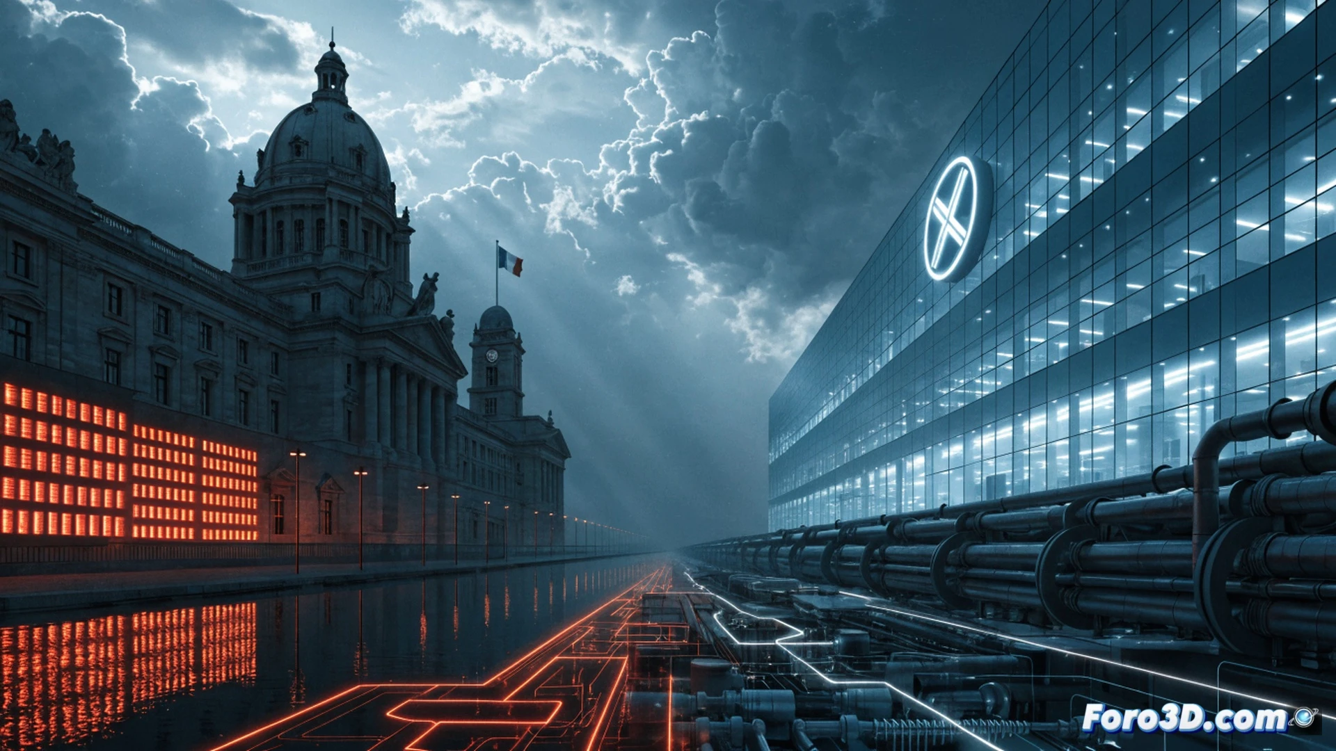 A surveillance drone flying over a government building while a corporate executive handshake with a politician is shown through a window, a glowing contract document being signed on a tablet, digital padlock icons breaking apart over a map of France, server rack cables connecting to a private security firm logo, cinematic photorealistic engineering visualization, dramatic low-angle lighting, metallic and glass reflections, blue and red corporate color palette, ultra-detailed hardware and data streams