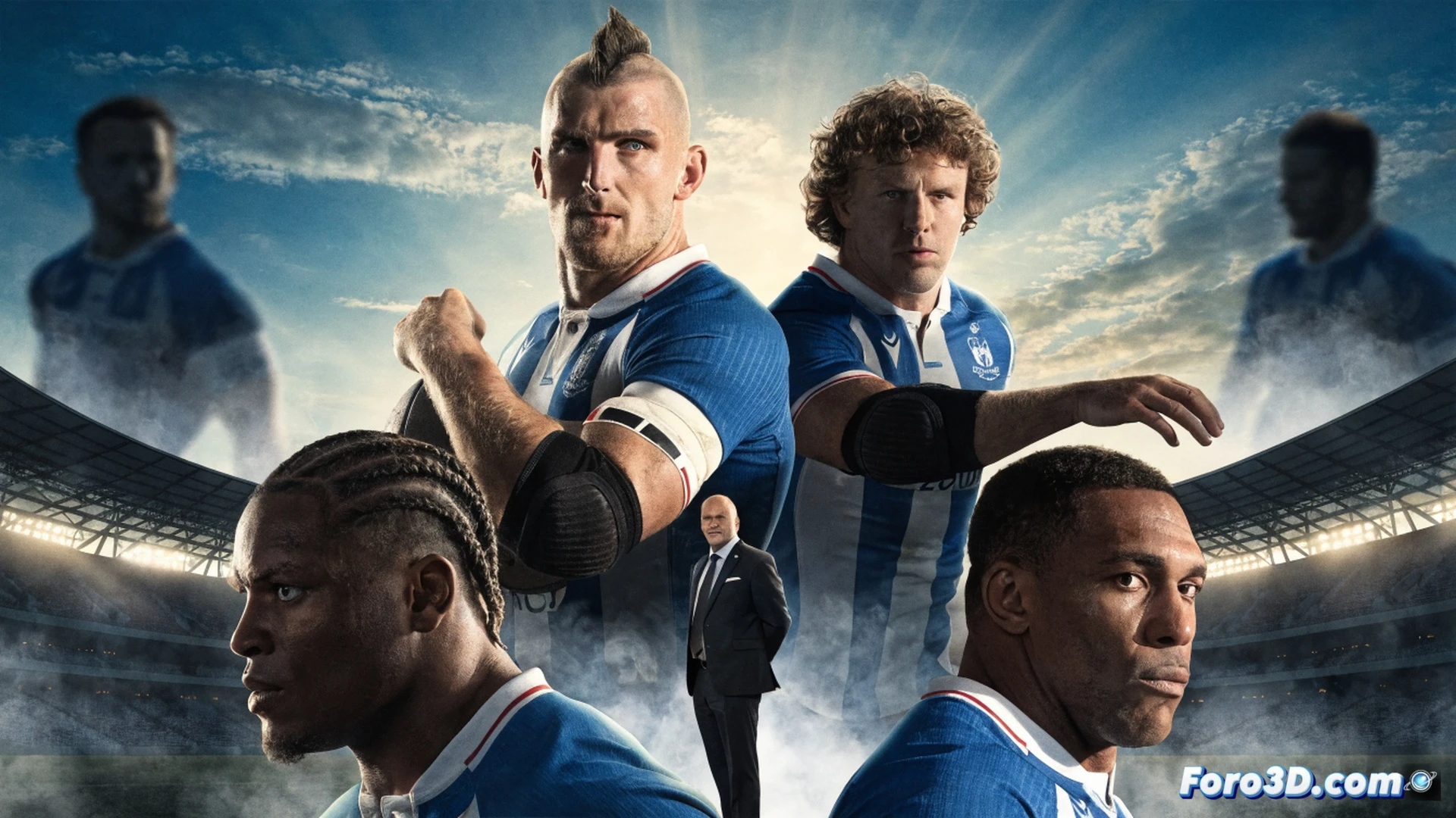 French rugby team tactical formation during a match, 33 players numbered on a digital tactical board, seven debutant players highlighted with glowing rookie icons, Damian Penaud returning with a green arrow indicator, two empty slots for Top 14 finalists Montpellier and Toulouse marked with pulsing question marks, rugby ball in mid-air kick action, stadium floodlights, cinematic sports visualization, photorealistic stadium background, tactical overlay with team strategy lines, dynamic motion blur on players, realistic grass texture, dramatic evening lighting, ultra-detailed player silhouettes, technical sports analysis render