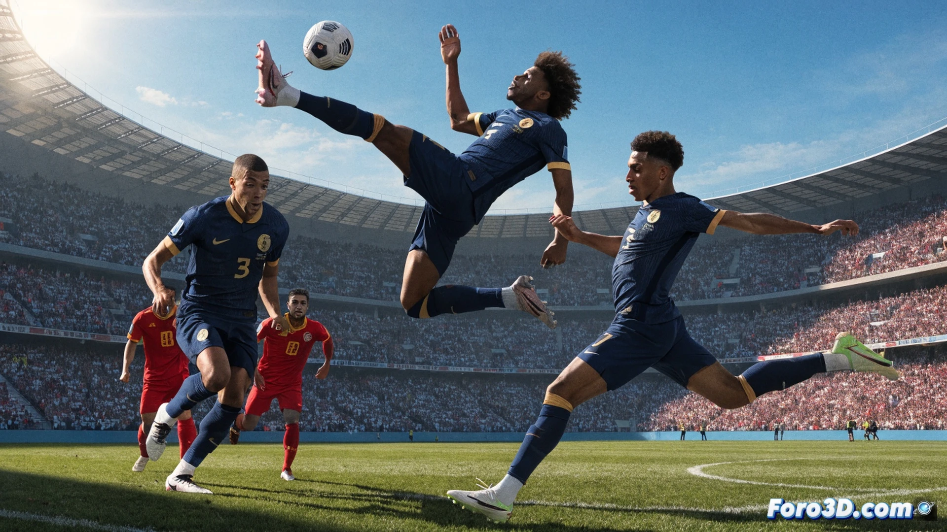 France attacking play during World Cup match, Ousmane Dembélé dribbling past Iraqi defender with rapid footwork, Kylian Mbappé making a diagonal run into space behind defensive line, Michael Olise positioned for a cross, ball trajectory shown with motion lines, green grass pitch under stadium floodlights, blue French jerseys contrasting with white Iraqi shirts, cinematic sports photography style, dynamic camera angle from low perspective, dramatic shadows on players faces, high-speed action frozen mid-motion, photorealistic sports illustration