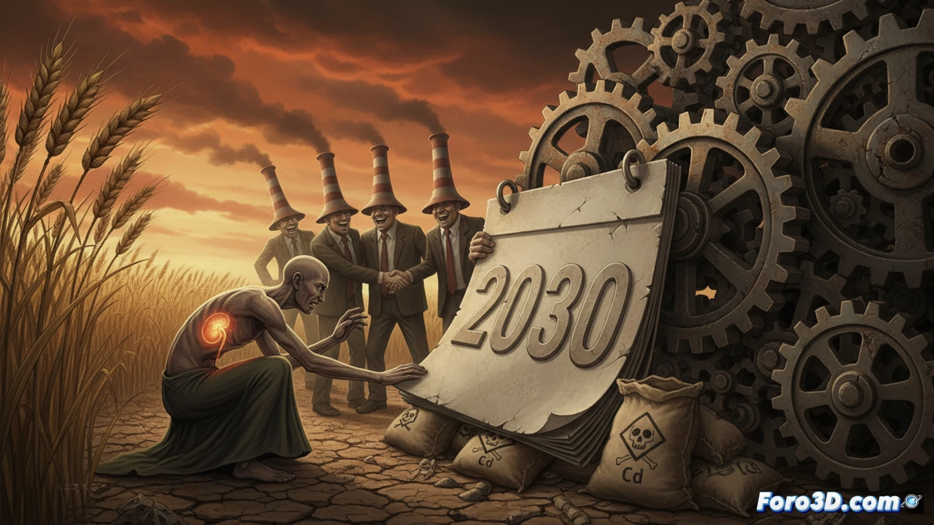 agricultural field at sunset, farmer holding a bag of chemical fertilizer, soil cross-section showing cadmium particles accumulating in dark layers near crop roots, a kidney-shaped hologram floating above the soil glowing orange with damage cracks, industrial factory chimneys in background emitting faint smoke, a calendar page with 2030 circled in red hanging loosely on a fence, dramatic contrast between green plants and toxic metallic particles, photorealistic technical illustration, cinematic lighting, environmental documentary style, ultra-detailed soil texture and crop stems, slow-motion action of fertilizer granules falling from the bag onto the ground, demonstrating the invisible poisoning process