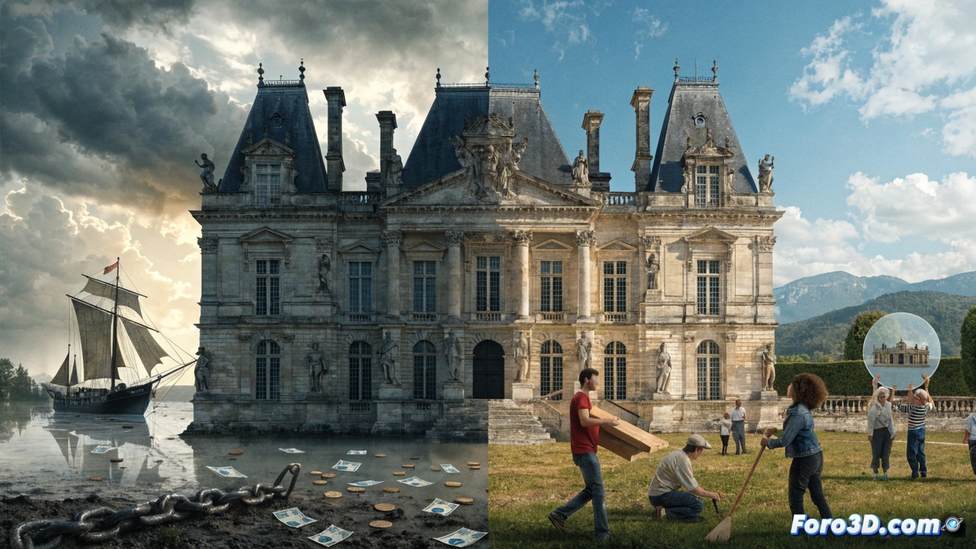 French heritage site emergency restoration, volunteers in blue vests cleaning stone walls with brushes and pressure washers, tourists scanning QR codes on a new digital heritage pass at entrance gates, private sponsor logos displayed on temporary metal scaffolding, donation kiosk with touchscreen interface near ticket booth, crumbling medieval archway supported by steel beams, sunlight casting long shadows across cobblestone courtyard, workflow of maintenance and funding in action, photorealistic technical illustration, cinematic wide-angle shot, warm golden hour lighting, ultra-detailed stone textures and construction tools