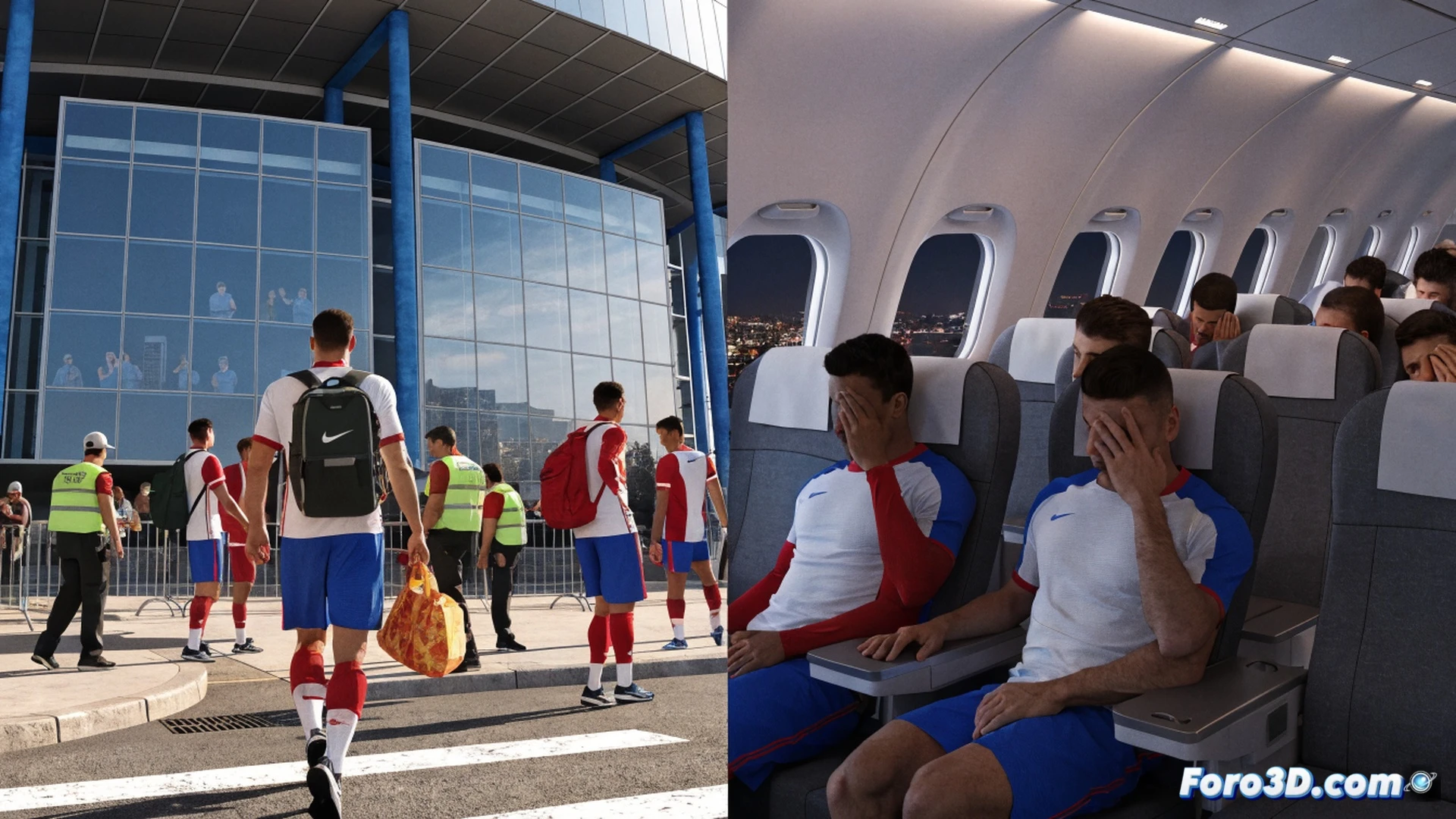 Photorealistic depiction of a French national team player checking a digital flight route map on a tablet inside a modern locker room, showing two contrasting paths: one short blue line to Boston with a green checkmark, another long red line passing through Dallas, Miami, and Atlanta with small airplane icons and a fatigue symbol; tactical whiteboard with group standings in background, sports bag and GPS tracking device on bench, cinematic lighting with cool tones, detailed fabric textures, realistic shadows, technical sports visualization