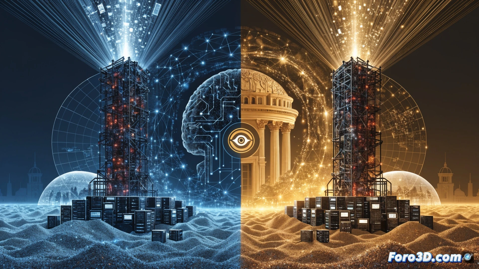 French data migration operation, server racks with Palantir logo being disconnected while ChapsVision branded servers power on, glowing data streams transferring between two database clusters, network cables being rerouted by robotic arms, holographic privacy shields activating over European citizen data, cinematic technical illustration, blue and white digital lighting, data packets flowing through fiber optic lines, cybersecurity firewall layers visible as translucent barriers, photorealistic engineering visualization, dramatic industrial shadows