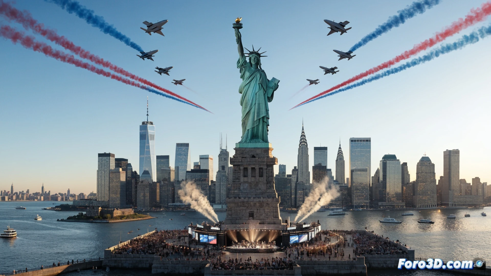 Estatua de la Libertad iluminada con proyecciones láser multicolor durante un espectáculo nocturno, dos aviones de combate acrobáticos trazando estelas de humo rojo, blanco y azul en el cielo sobre la bahía de Nueva York, multitud de espectadores en primer plano con dispositivos móviles grabando, reflejos dinámicos en el agua del puerto, estilo cinematográfico fotorrealista, iluminación dramática con contrastes de neón y antorchas, textura metálica detallada en la estatua, atmósfera de celebración y tensión diplomática, ángulo gran angular desde el suelo hacia arriba, noche despejada con estrellas visibles, ultra-realismo técnico.