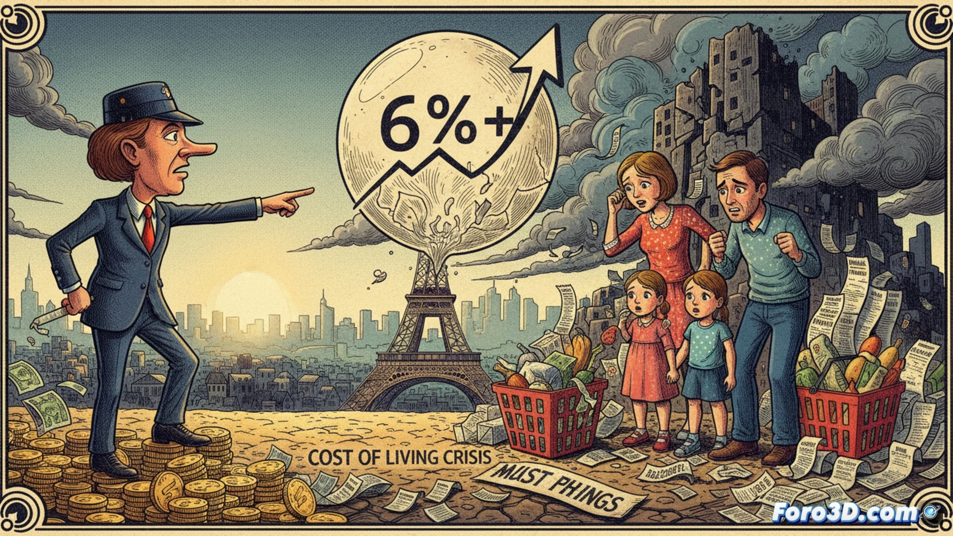 French family struggling with rising grocery costs, empty supermarket shelves with price tags showing inflation, a government official pointing at a distant graph of Russian economic data while ignoring local citizens holding receipts, photorealistic documentary style, cinematic lighting, contrasting scenes of political speech and real-life hardship, technical illustration of INSEE data charts on a tablet, household budget calculator with rising numbers, distressed expressions, hyperrealistic textures, dramatic shadows, warm and cold color contrast between political stage and kitchen scene