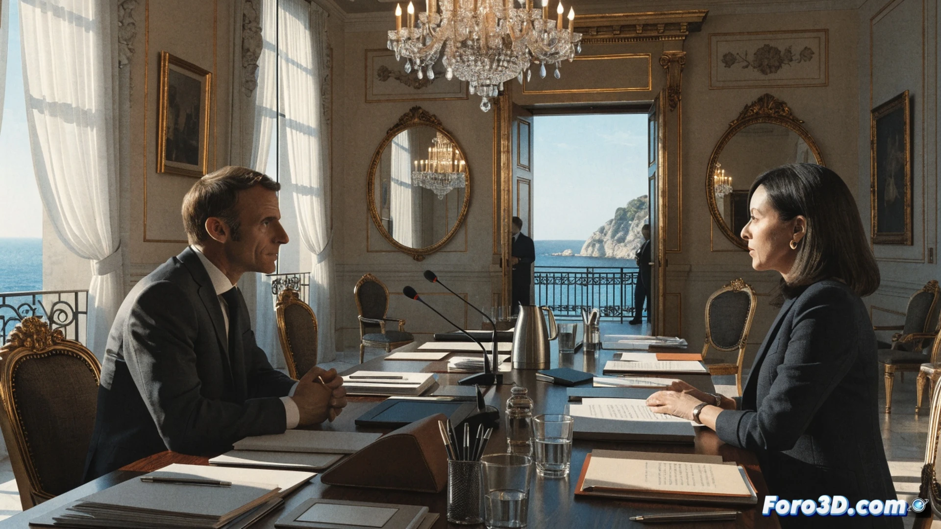 Holographic map of Europe glowing on a conference table, French and Italian diplomats exchanging digital documents showing defense and energy grid connections, miniature wind turbines and high-speed train models positioned between them, cinematic technical visualization, blue and gold ambient lighting reflecting on polished metal hardware, screens displaying real-time infrastructure data streams, hands gesturing over interactive holograms during bilateral talks, photorealistic engineering illustration with precise mechanical details