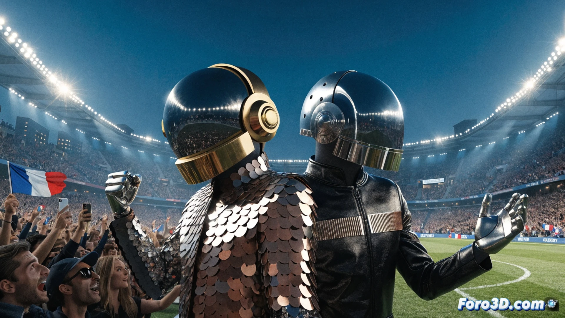 French football stadium during World Cup 2026 match, player scoring a goal with dramatic celebration, stadium LED boards pulsing with rhythmic blue and red light patterns synchronizing to electronic music beat, sound system speakers visible above stands emitting visible bass wave distortions, crowd holding glowing wristbands flashing in tempo, ball netting vibrating from impact, cinematic sports photography style, dynamic motion blur on running players, ultra-wide angle lens effect, stadium floodlights creating dramatic shadows, photorealistic broadcast-quality render