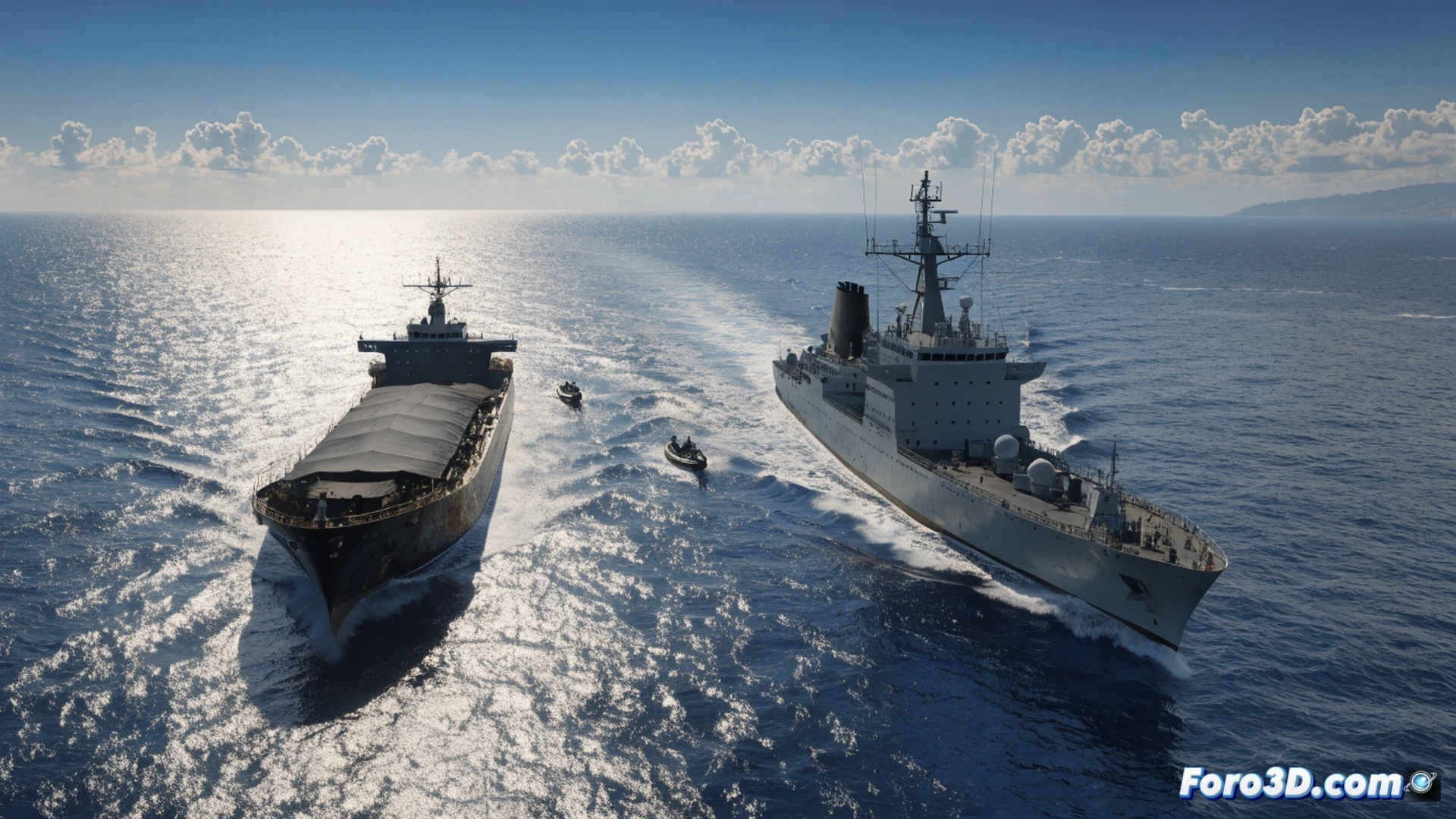 French Navy frigate in the Mediterranean Sea intercepting a shadow tanker, naval helicopter hovering above the vessel, armed boarding team approaching the rusty oil tanker in inflatable boats, radar screen showing ship tracking data on the bridge, maritime surveillance drone overhead, dark stormy sea with choppy waves, dramatic sunset lighting, metallic hull reflections, photorealistic cinematic maritime action scene, technical naval equipment visible, high-angle perspective showing the interception process