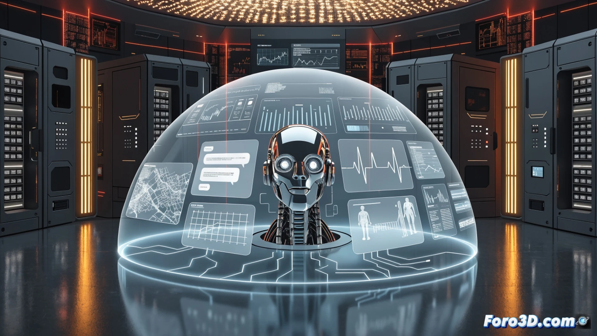 Photorealistic technical illustration of a unified French public administration chatbot interface, a glowing holographic health assistant for Ameli insurance floating above a citizen's smartphone, government data servers with French flags connected by secure glowing data streams, a civil servant interacting with an AI dashboard showing simplified administrative forms, reducing reliance on foreign tech logos fading in background, cinematic volumetric lighting, ultra-detailed hardware and software elements, sleek minimalist European design, high-contrast digital blue and white color palette