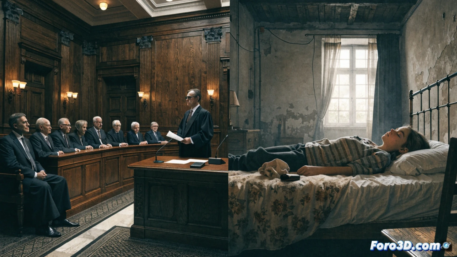 French courtroom scene, empty judge bench with only one gavel and a single dusty file, eleven small wooden figures representing judges on a large map of Europe surrounded by twenty-two figures on other countries, a ghostly silhouette of a young girl standing beside an unprocessed stack of police reports and digital case files on a desk, glowing red urgent alerts on a computer monitor showing delayed court dates, cinematic photorealistic style, dramatic shadow play from a single overhead lamp, cold blue and grey color palette, dust particles floating in dim light, heavy atmosphere of neglect and bureaucracy