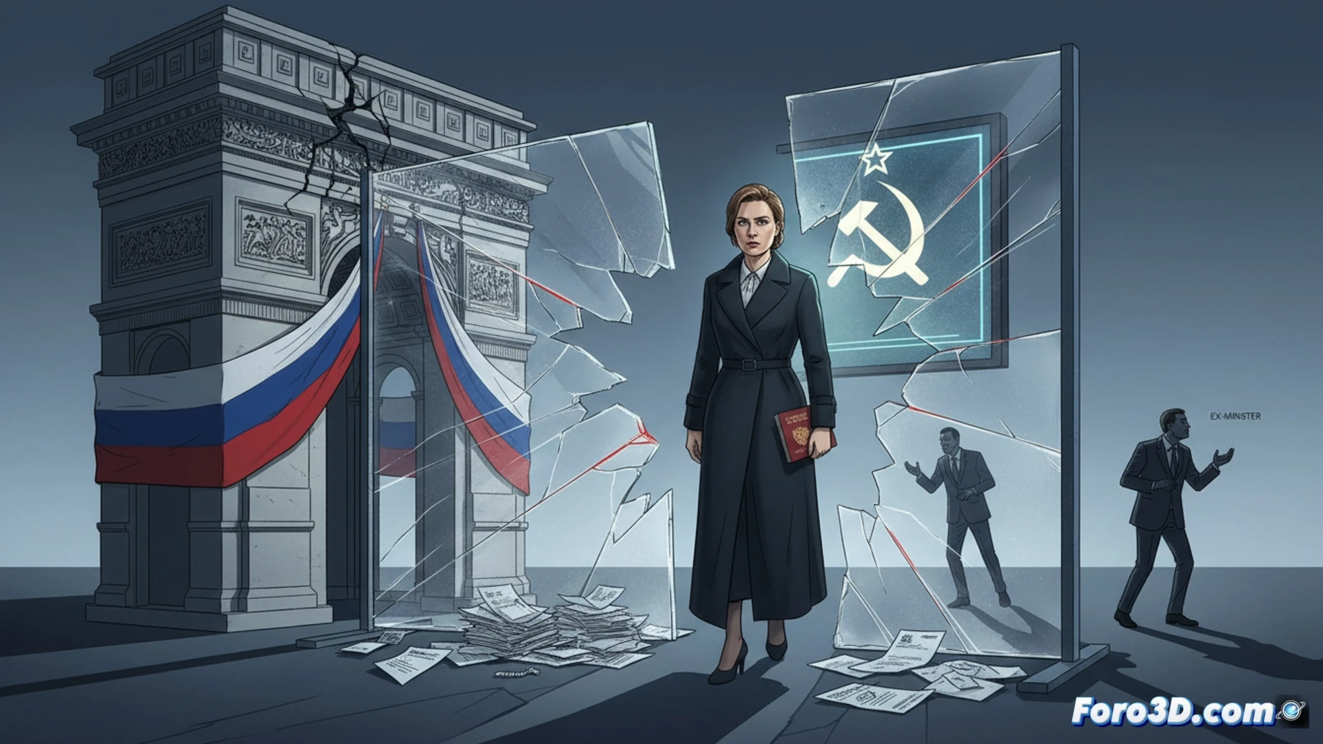 Modernist passport scanner machine rejecting a Russian passport while a female hand with manicured nails holds it, red error light blinking on the biometric reader, cracked security filter interface showing fragmented Kremlin star icons, automated stamp mechanism jamming mid-process, bureaucratic workflow visualization, sterile government office lighting, metallic desk surface reflecting distorted documents, photorealistic technical illustration, dramatic shadows across the processing unit, glowing red warning lines across the scanner screen, cinematic industrial aesthetic