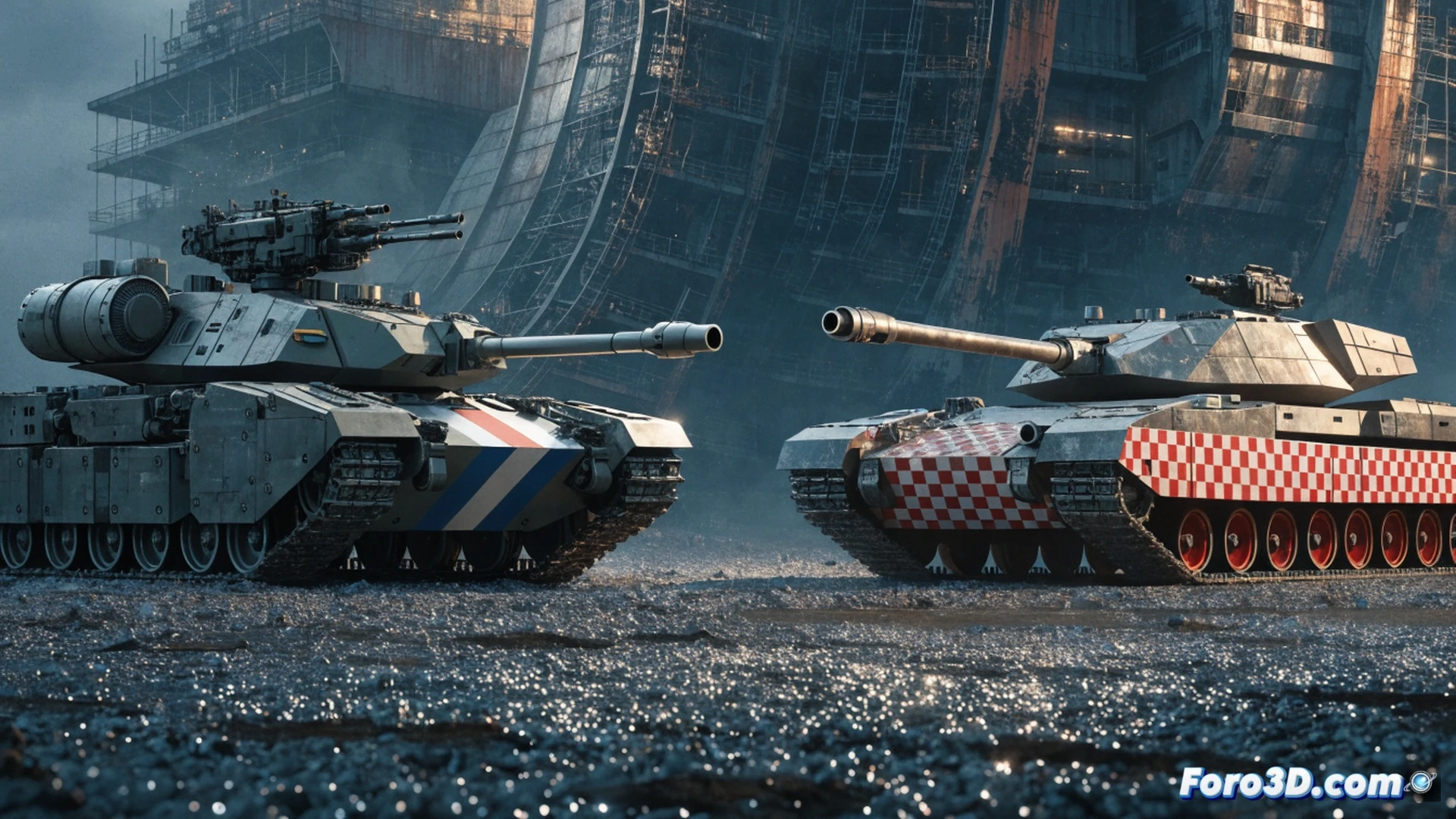 Rheinmetall factory floor with two half-assembled tank hulls side by side, left side showing Leopard 3 prototype with modular armor panels and exposed drivetrain, right side showing MGCS chassis with dust-covered components and disconnected wiring harnesses, engineers in blue overalls pointing at a financial document with red budget cuts, holographic projection showing a split timeline where German development accelerates while French path fades, glowing blue technical schematics floating above the Leopard 3, warm amber workshop lights, cold shadows on the MGCS side, photorealistic engineering visualization, cinematic industrial atmosphere, ultra-detailed mechanical joints and hydraulic pistons, visible contrast between active assembly tools on the left and idle cranes on the right