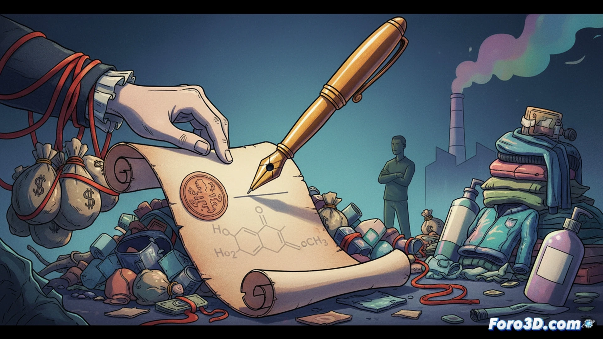industrial regulatory inspection scene, a sealed French government office with an empty inspection checklist on a desk, a magnifying glass hovering over unlabeled chemical containers labeled PFAS, a single overwhelmed inspector staring at a towering pile of clothing and cosmetic products, while a factory conveyor belt continues running in the background, subtle chemical molecular structures floating above the goods, photorealistic technical illustration, cold blue-gray lighting, dust particles suspended in air, worn leather briefcase open with no paperwork inside, dramatic contrast between regulation tools and unchecked production, ultra-detailed textures of fabric and plastic containers, cinematic documentary style