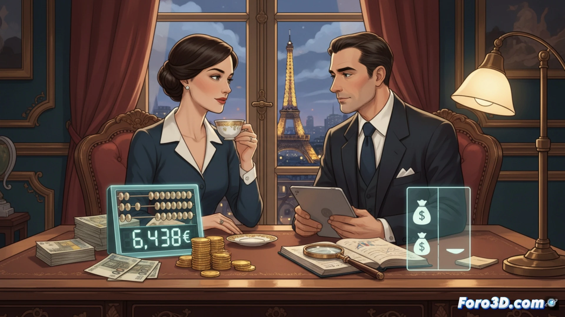 photorealistic technical illustration of a French family home interior, a couple reviewing a financial document on a tablet while a holographic income threshold of 6438 euros floats above the device, a tax calculator interface on a nearby laptop showing progressive brackets, euro coins and bills being sorted into two distinct piles labeled rich and non-rich on a modern wooden desk, soft natural light from a window casting shadows on the wall, cinematic lighting, ultra-detailed textures, financial data visualization with glowing blue lines, neutral color palette with warm accents, engineering visualization style, demonstrating the moment of financial classification