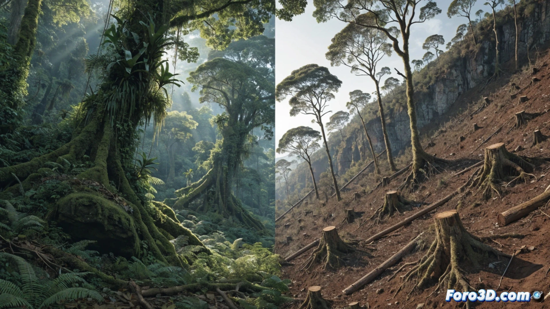 Aerial view of French Guiana rainforest canopy with seven glowing circular reserve boundaries being digitally drawn on a holographic map, a ranger holding a tablet showing 10% protection target while a chainsaw cuts a fallen tree in the foreground, smoke rising from distant deforestation, photorealistic cinematic visualization, dramatic contrast between protected green zones and brown logged areas, golden sunset light piercing through canopy, ultra-detailed foliage textures, satellite data overlays fading into real forest, technical conservation photography style