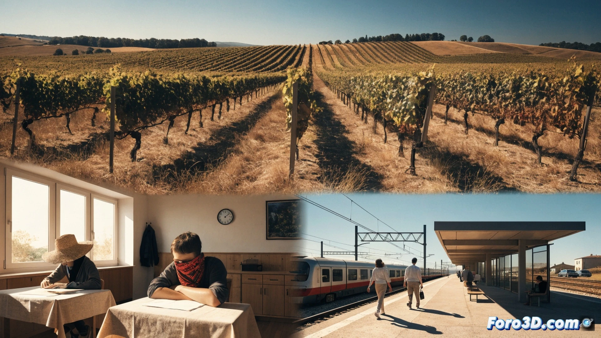 French vineyard landscape under 40°C heatwave, grapevines with wilting leaves showing drought stress, workers harvesting at dawn with headlamps and wide-brimmed hats, railway tracks visibly warped with heat distortion waves rising from metal, SNCF warning sign beside deformed rail joint, school building with shaded courtyard and children drinking water under misting fans, hospital entrance with elderly patient on stretcher and nurse checking temperature, cracked dry soil in vineyard rows, distant heat haze over village rooftops, cinematic photorealistic visualization, dramatic golden sunlight casting long shadows, extreme detail in vine leaves and rail textures, documentary-style technical illustration