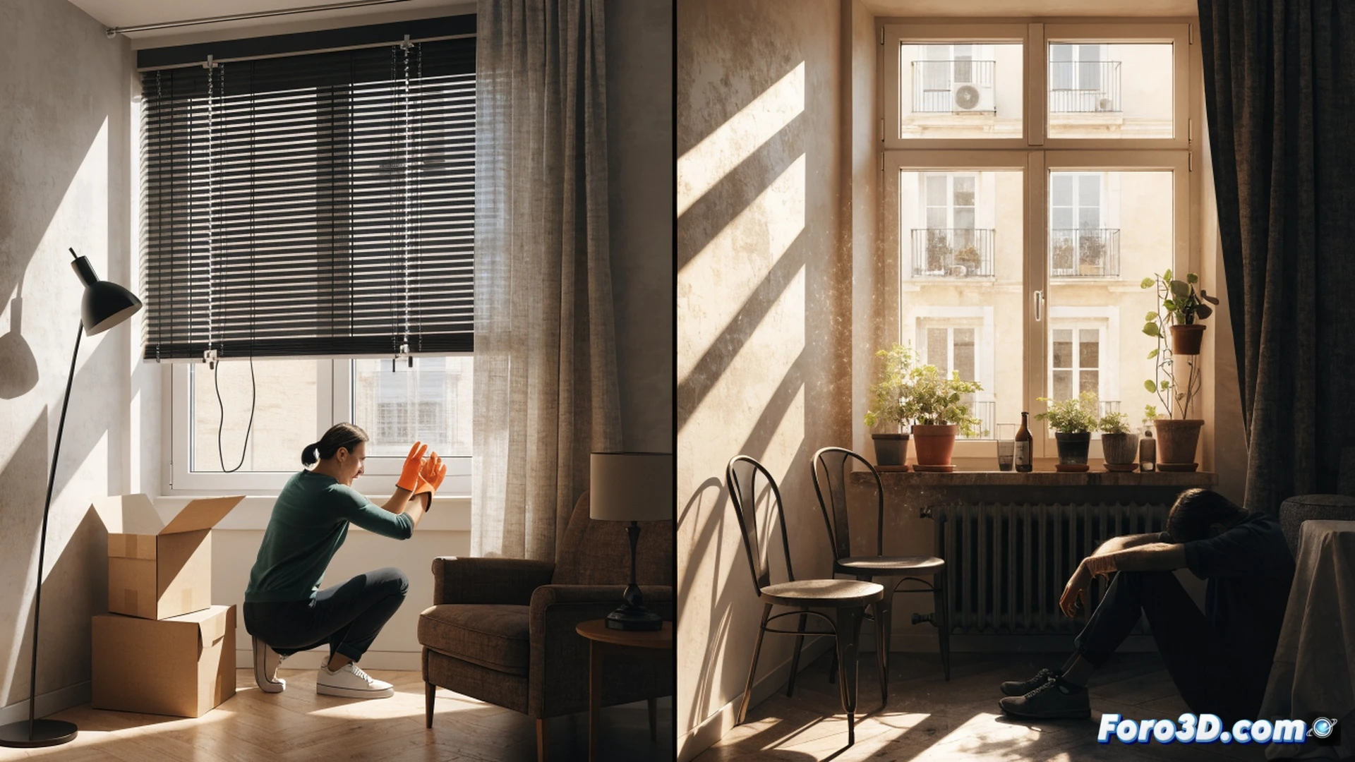 French apartment building facade under intense summer heat, 40 percent of windows completely bare without shutters or awnings, sunlight blazing directly into rooms, indoor thermometer showing extreme temperature, elderly tenant fanning themselves by open window, contrast between shaded and unshaded apartments, urban heat island effect visible in heat haze rising from rooftops, cinematic photorealistic architectural visualization, dramatic golden hour sunlight casting harsh shadows, sweat droplets on skin, distressed facial expression, realistic brick textures, metal roller shutters partially rolled down on some windows, technical detail of mounting brackets for missing sun protection, hyperdetailed urban scene, warm color palette with deep orange and red tones